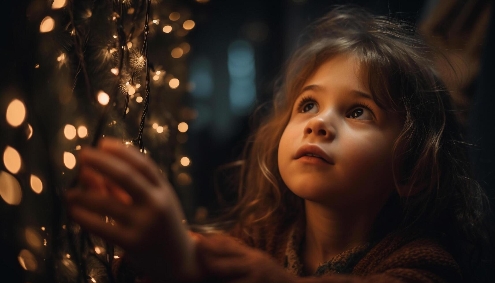 Smiling child enjoying Christmas lights at home generated by AI photo
