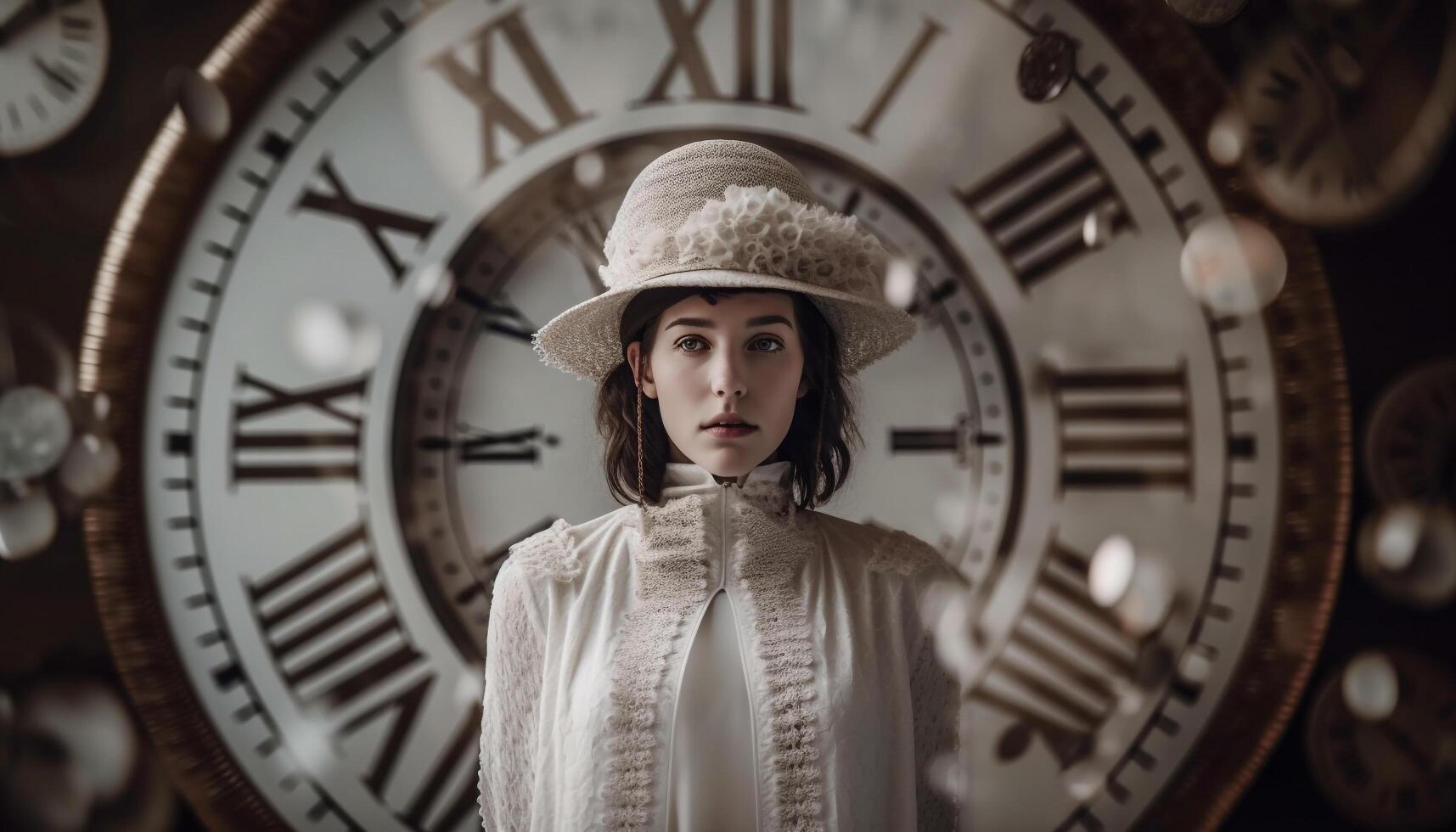 Confident young fashion model holding clock suit generated by AI photo