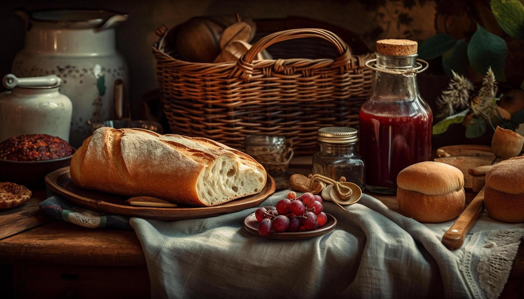 Rustic table with fresh homemade gourmet meal generated by AI photo