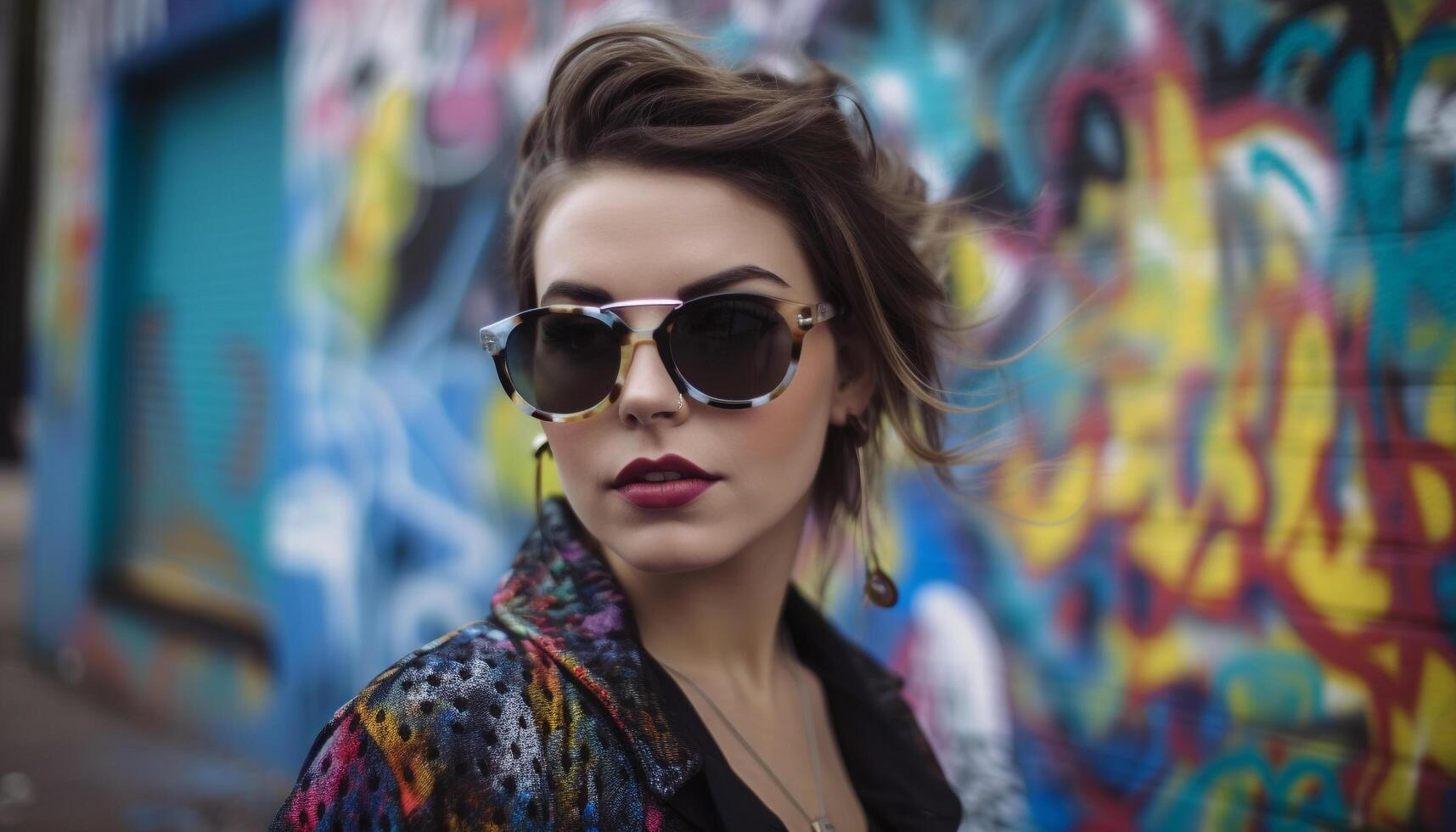 Fashionable young woman exudes confidence with sunglasses generated by AI photo