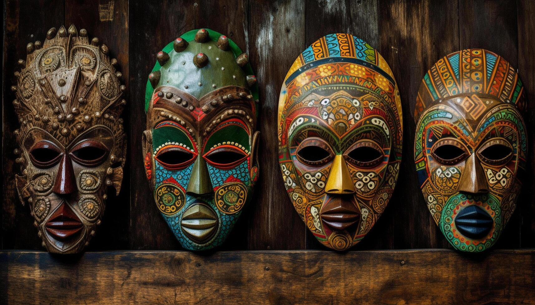 Colorful African masks decorate ancient indigenous culture generated by AI photo