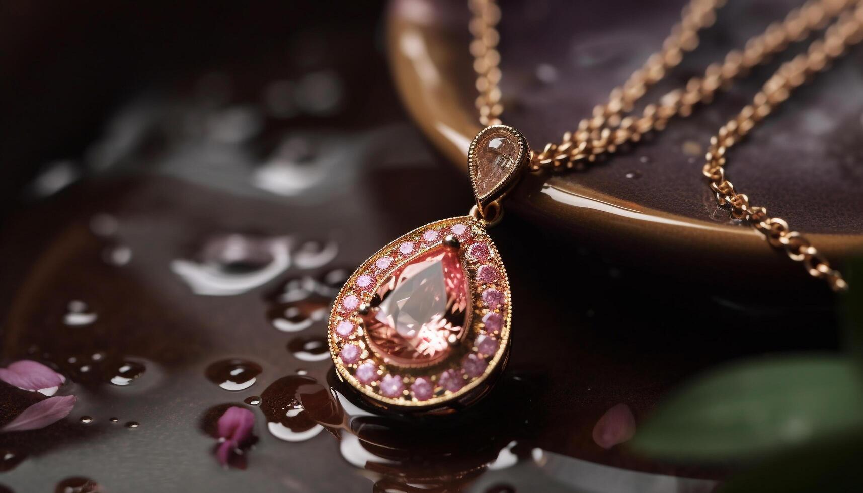 Shiny gemstone necklace reflects elegance and glamour generated by AI photo
