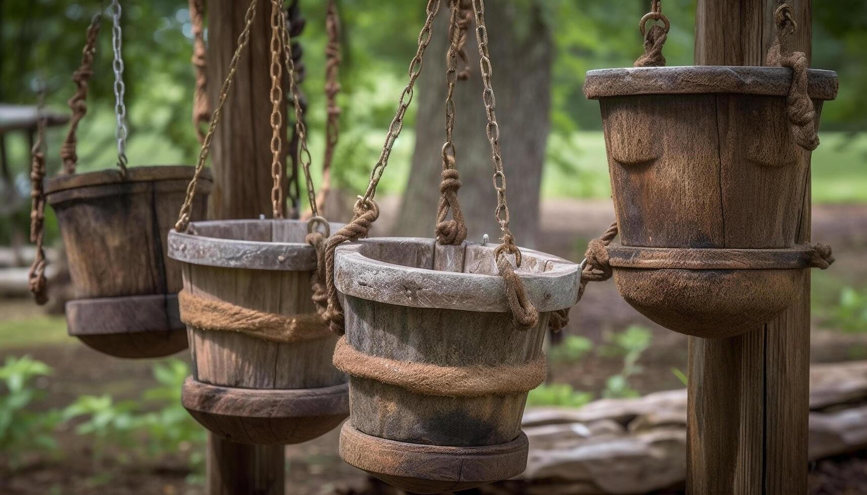 Rusty old bucket hangs on ancient swing generated by AI photo