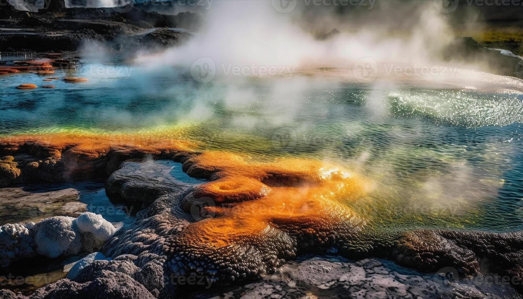 Majestic geysers reflect multi colored sunset on water generated by AI photo