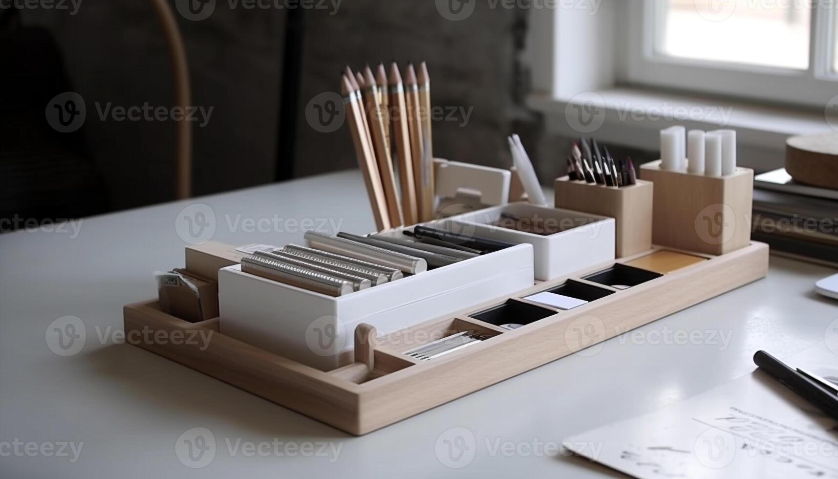 Carpenter tools on wooden table in workshop generated by AI photo