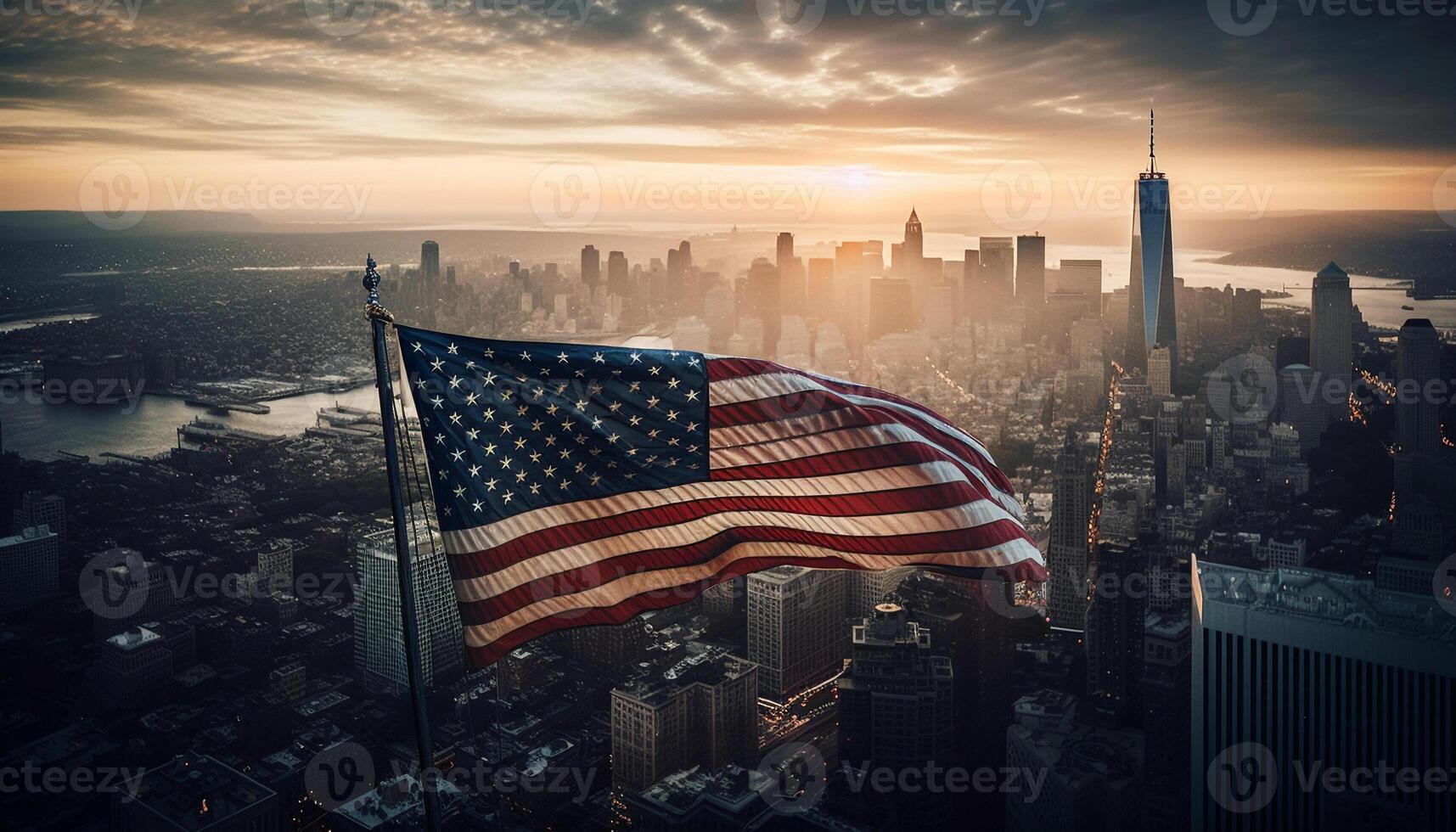 Urban skyline celebrates freedom with American flag generated by AI photo