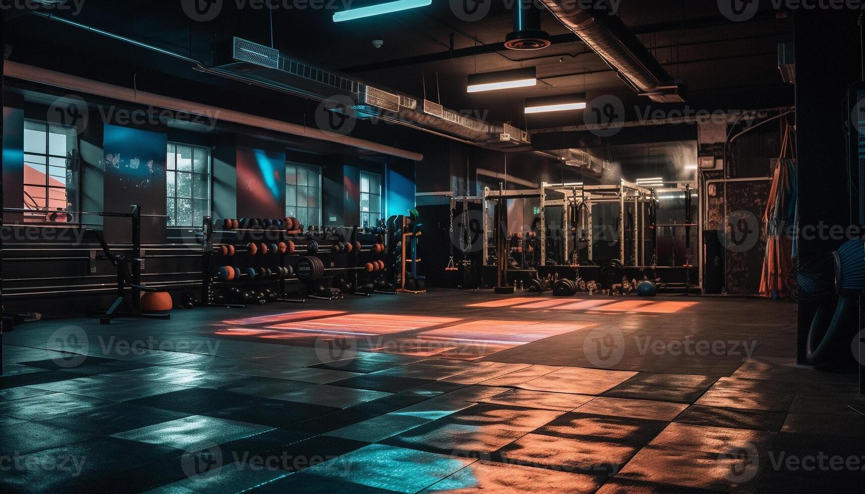 Athletes exercising in modern health club gym generated by AI photo