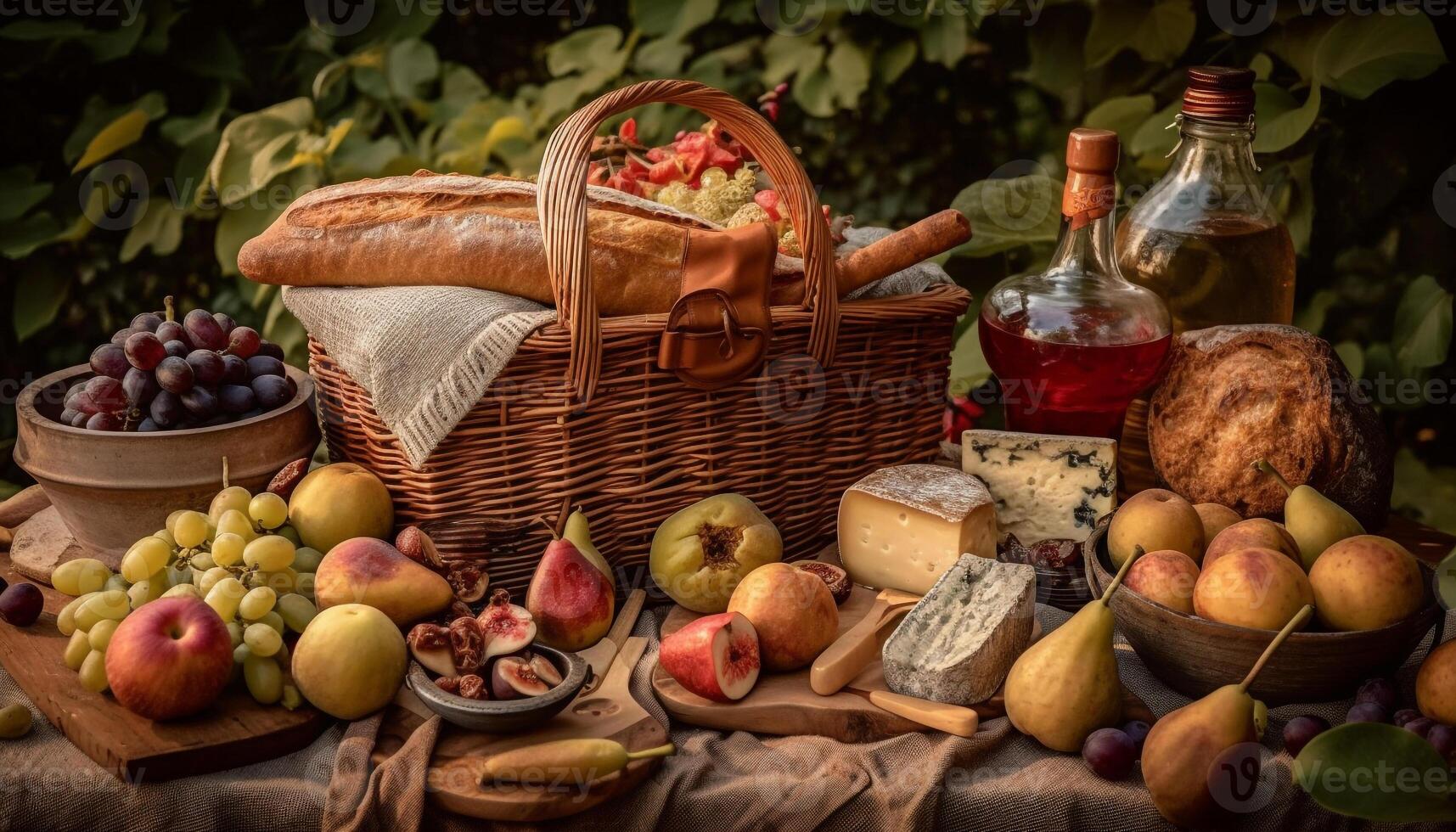 cosechado bondad en picnic cesta con vino generado por ai foto