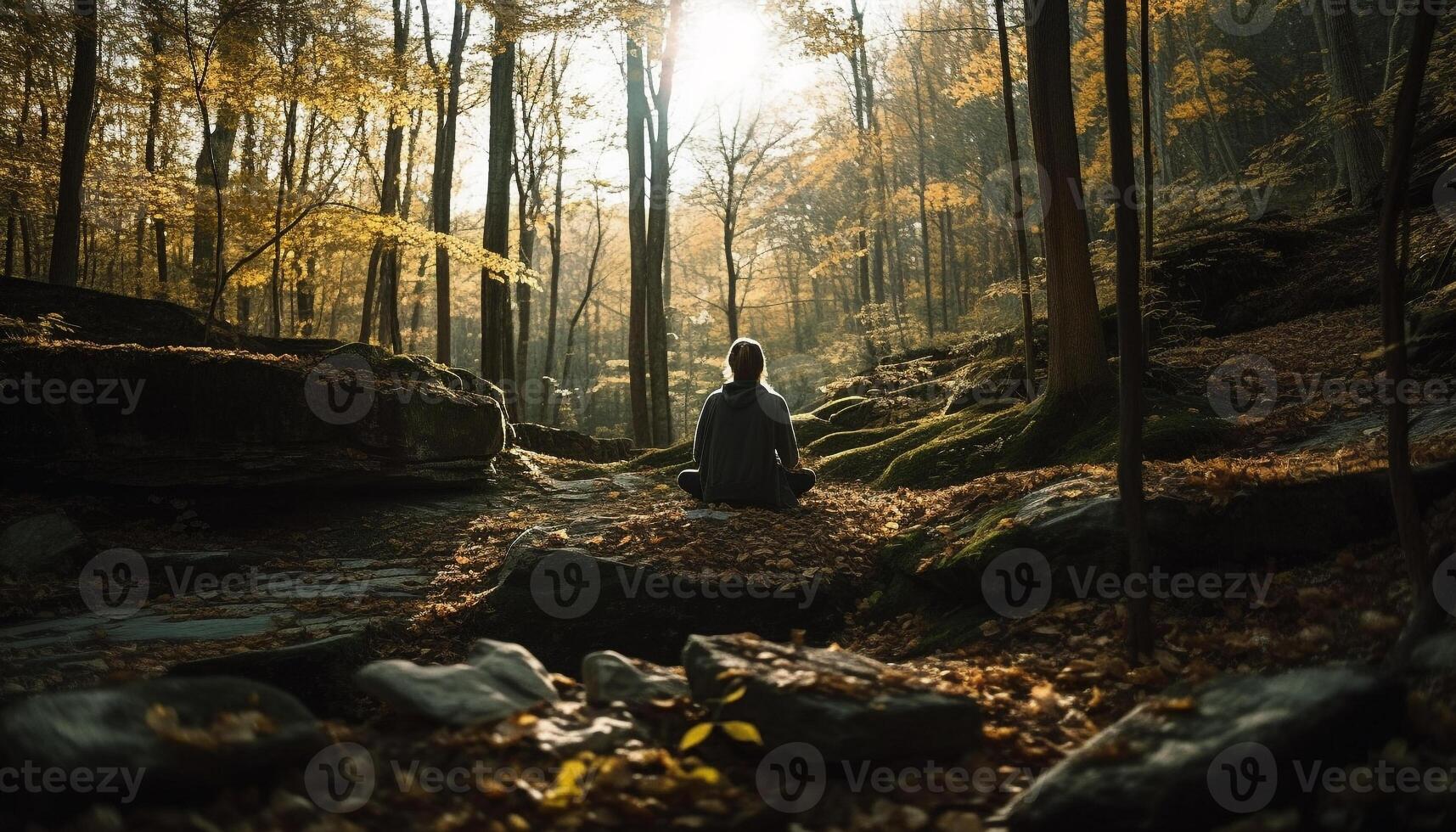 One person meditates, rock, mountain vista generated by AI photo