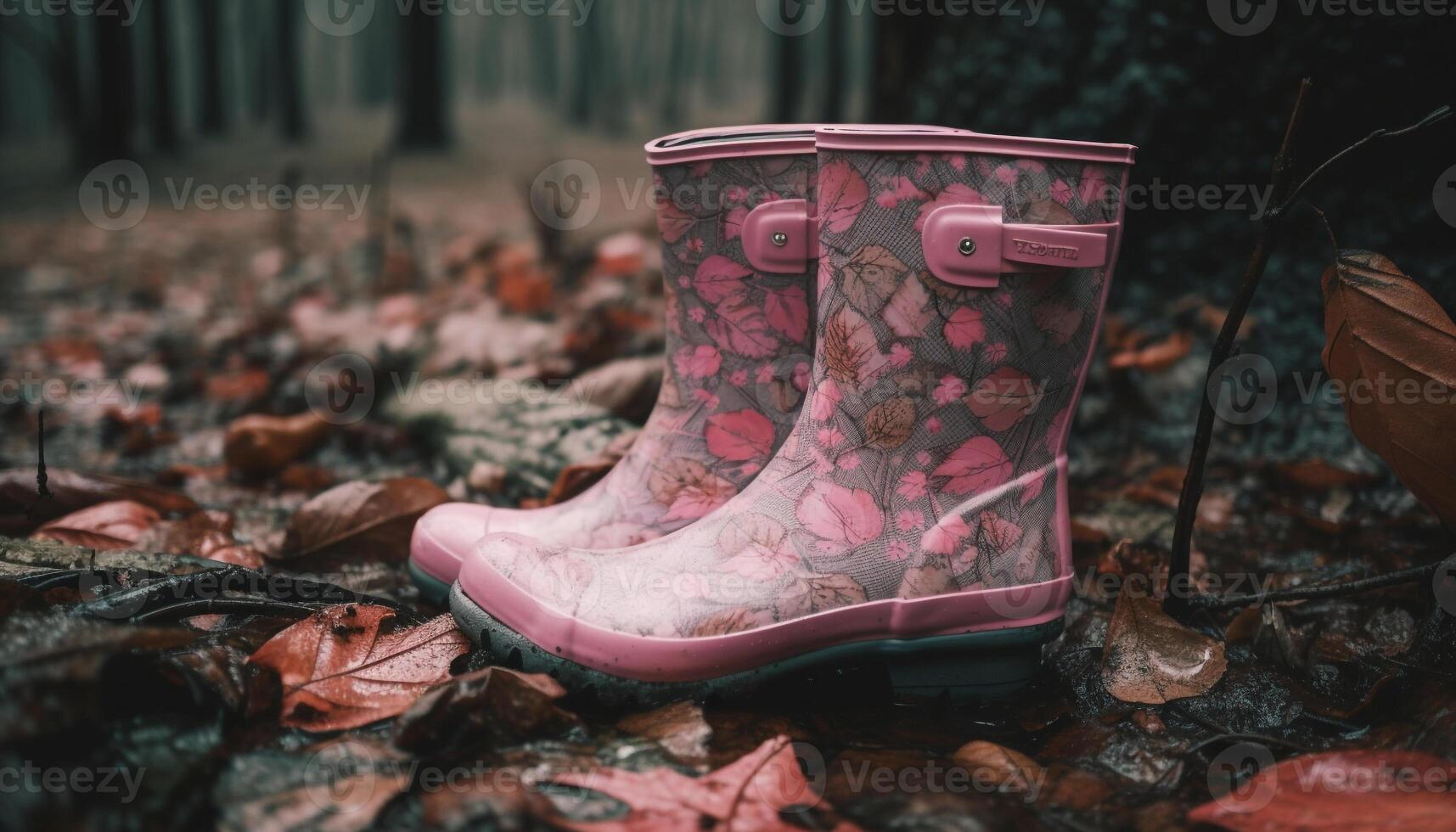 Women walking through muddy forest in rubber boots generated by AI photo