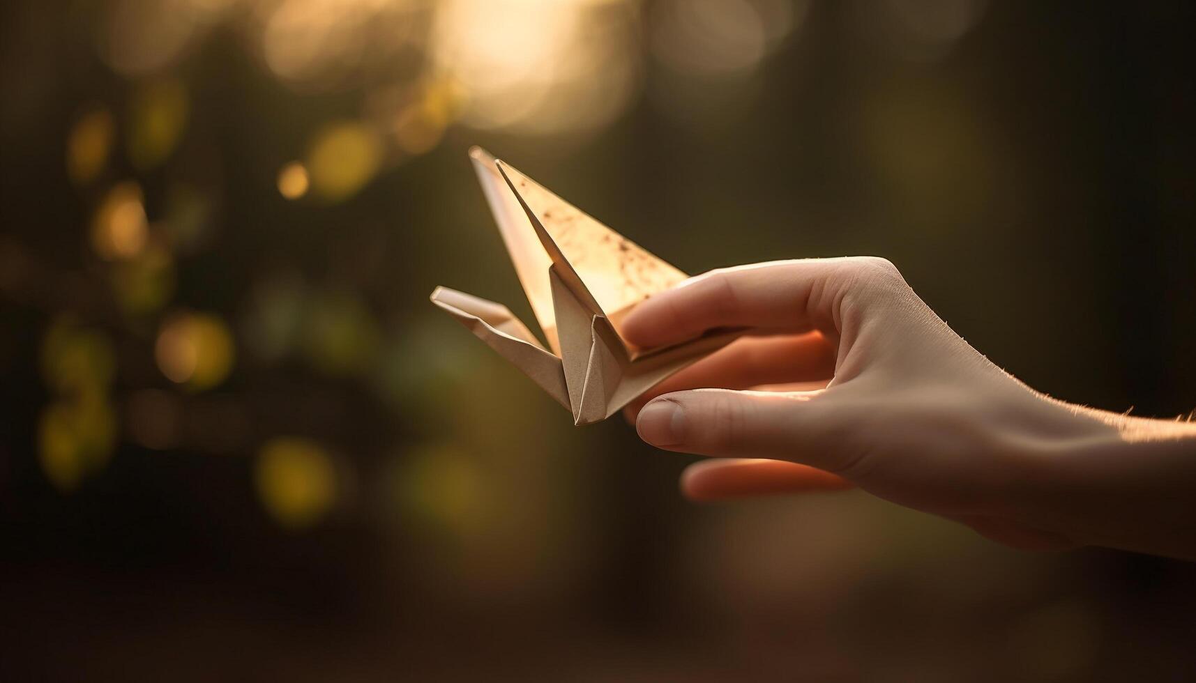 Hand holds paper boat sailing into sunset generated by AI photo