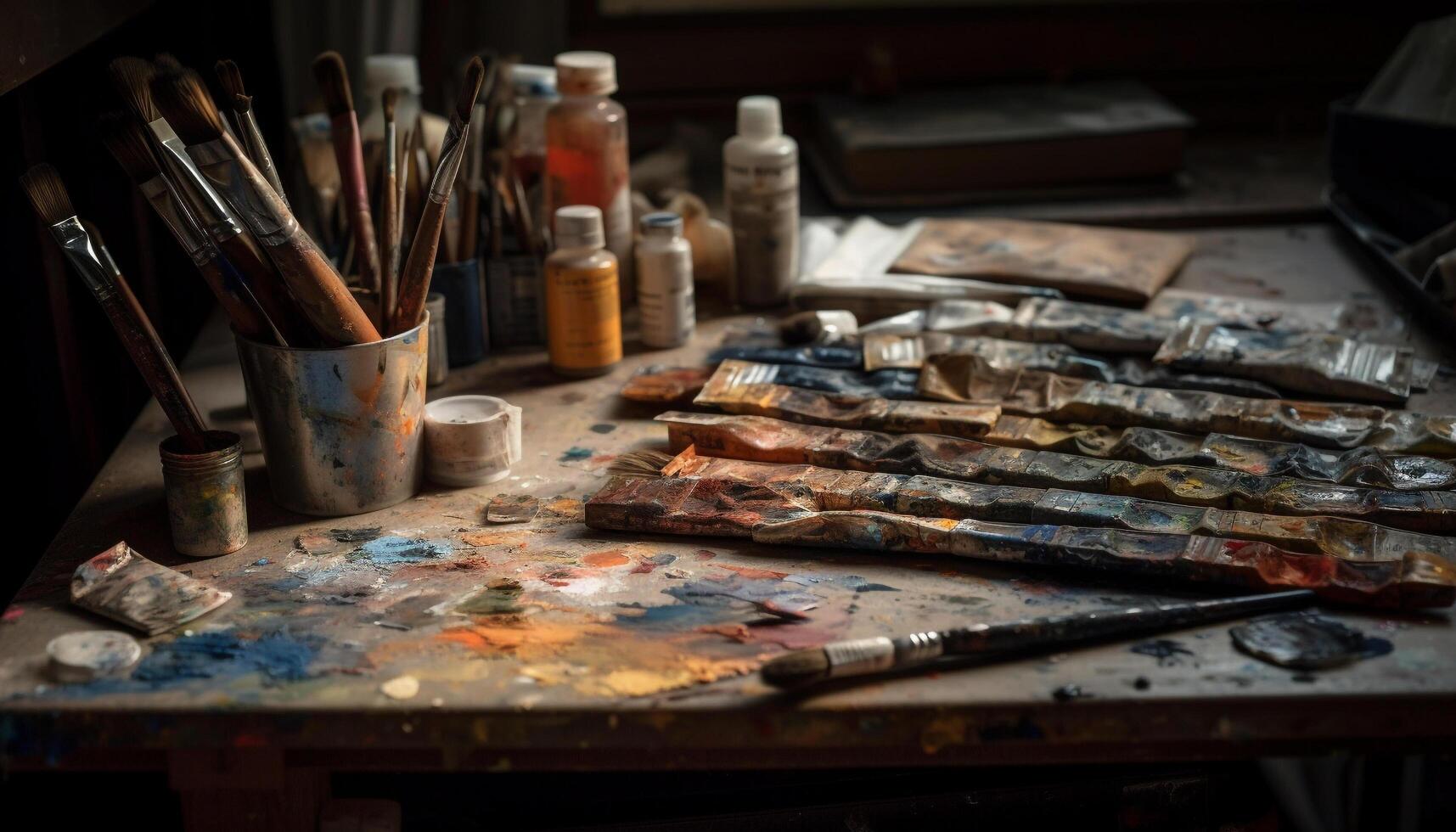 sucio pintor vistoso estudio tiene creativo caos generado por ai foto