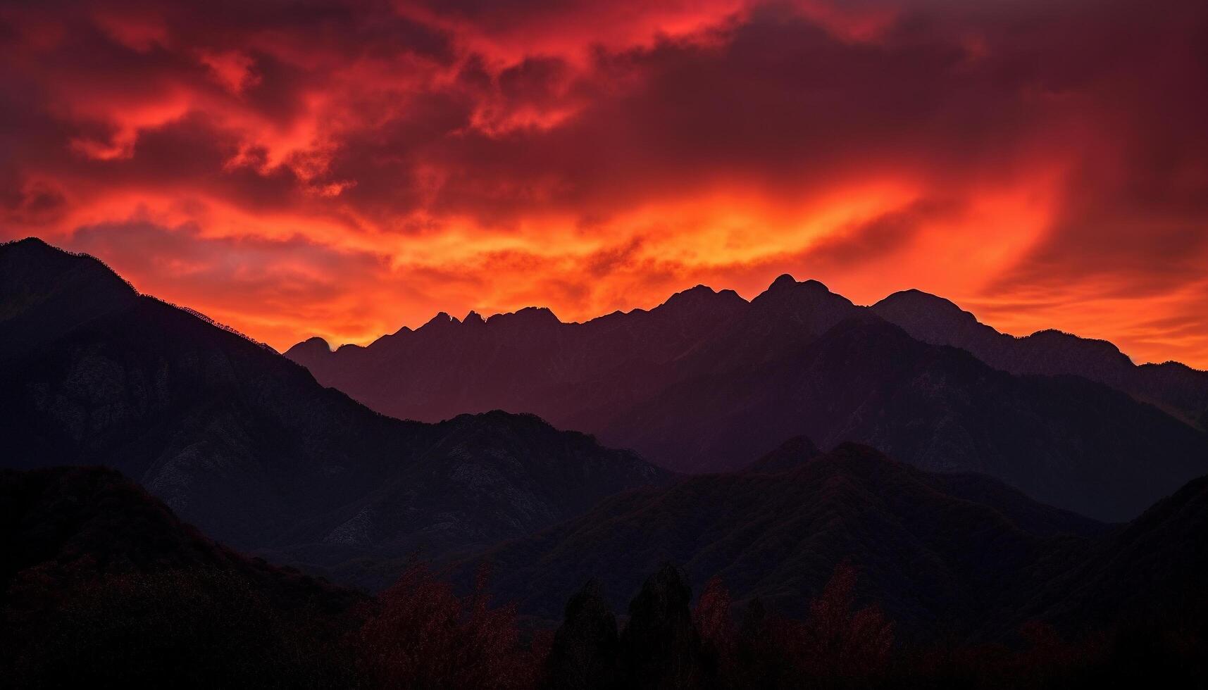 Mountain peak silhouette in orange twilight sky generated by AI photo