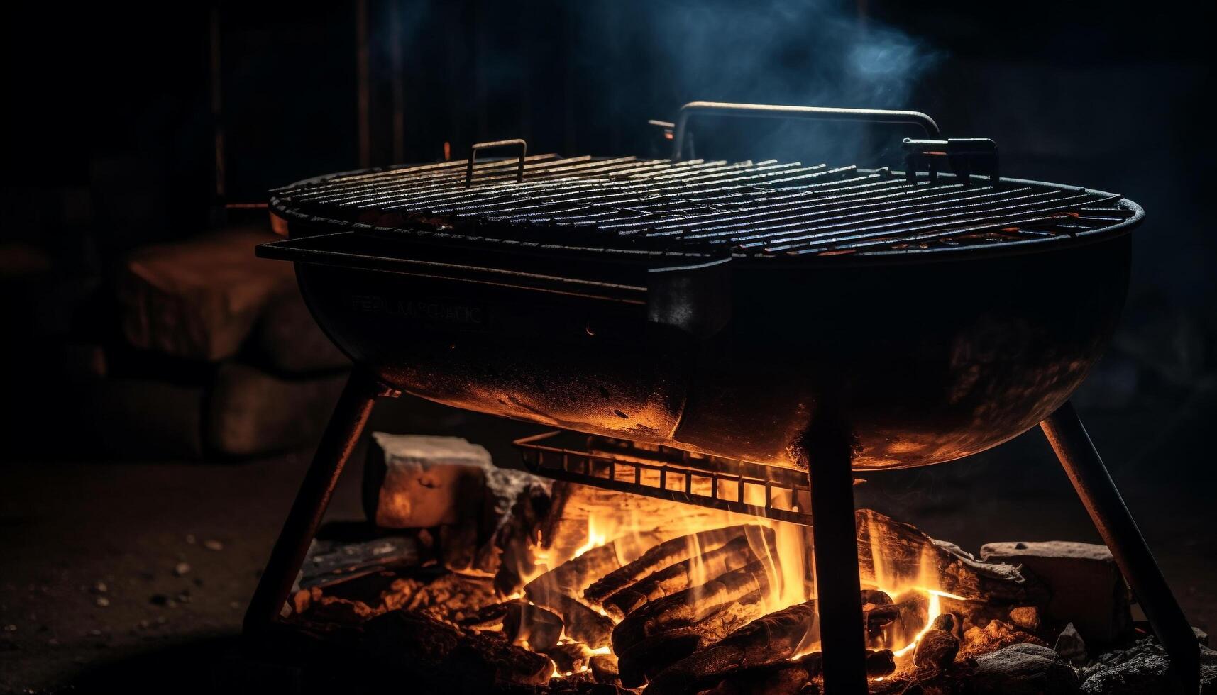 Grilled meats on metal grate over campfire generated by AI photo