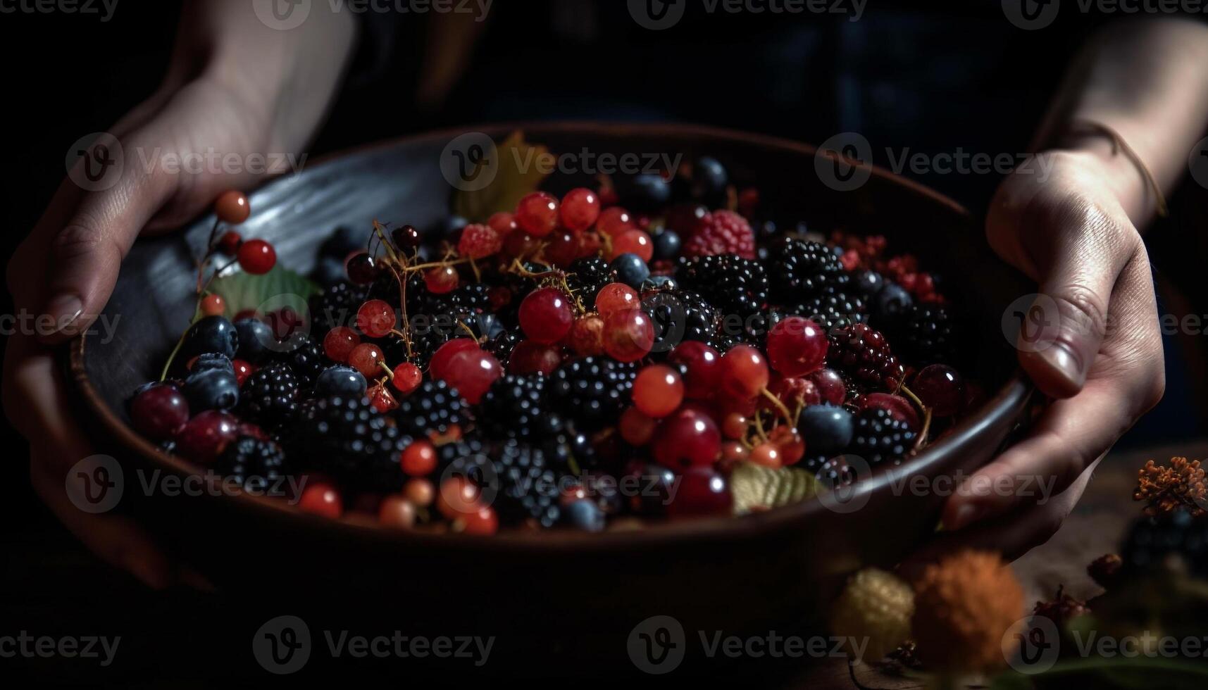 Healthy hand picked berry snack in rustic bowl generated by AI photo