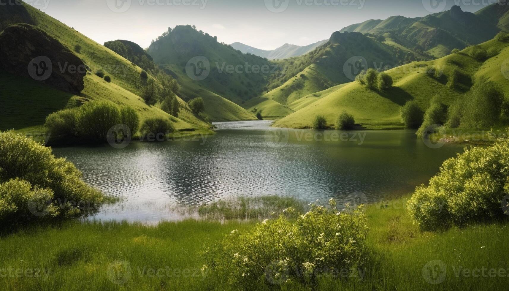 Majestic mountain range reflects tranquil beauty in nature generated by AI photo