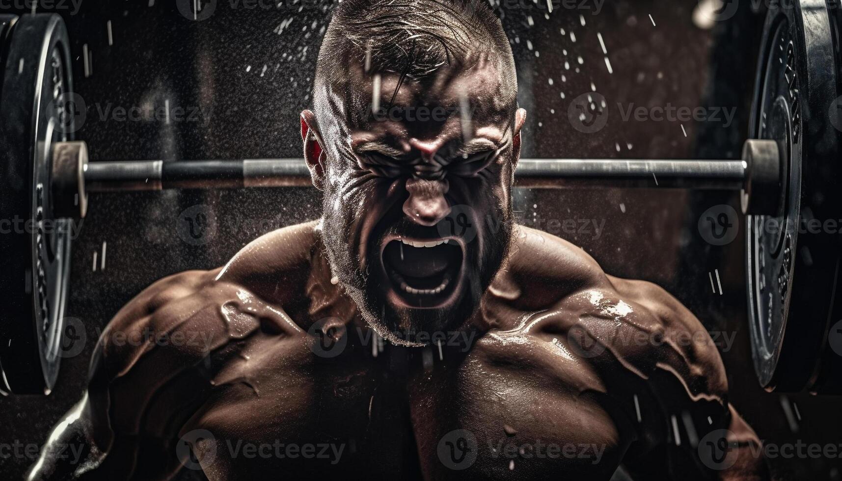 muscular sin camisa atleta ascensores pesado barra con pesas con determinación generado por ai foto