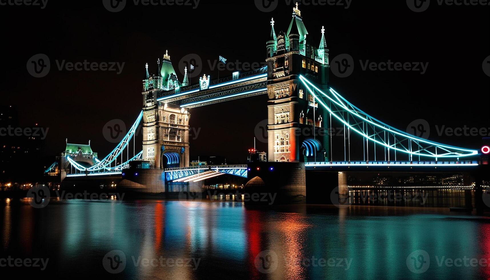 Famous landmark illuminated at night with reflections generated by AI photo