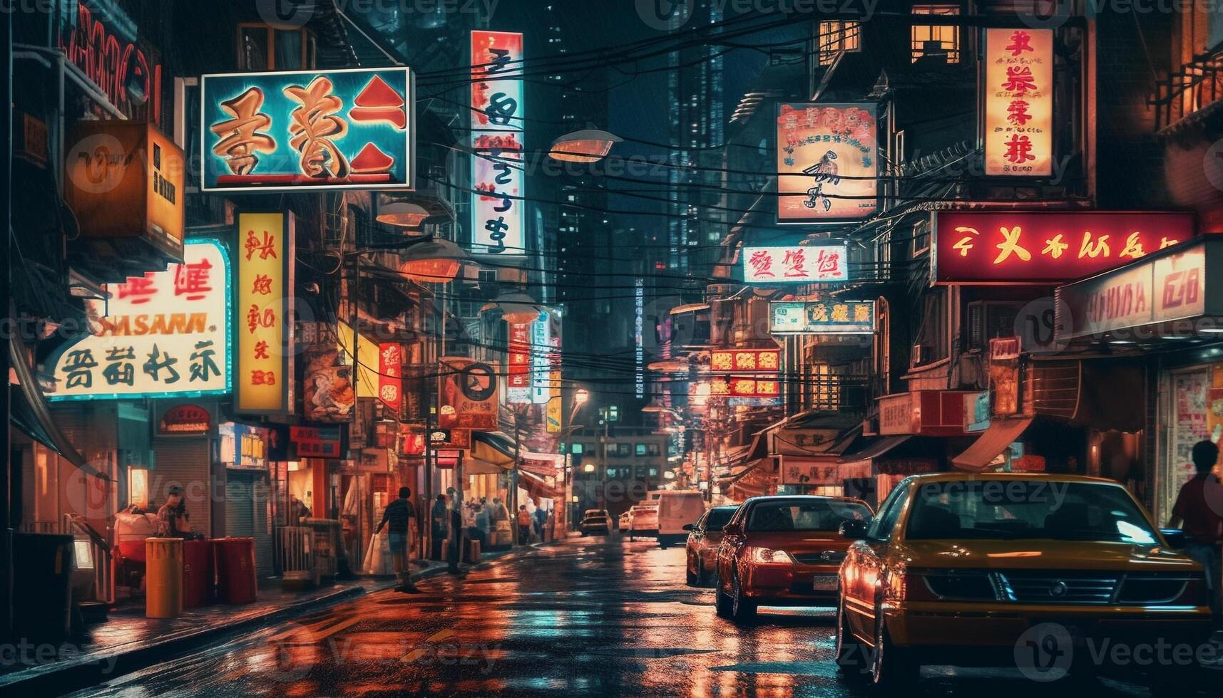 Neon lights illuminate the busy Chinese city generated by AI photo