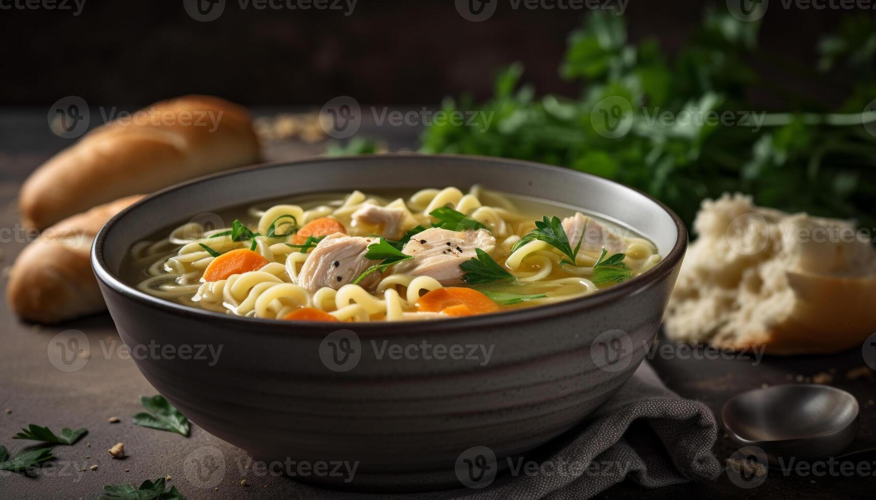 Rustic bowl of fresh vegetable soup and bread generated by AI photo