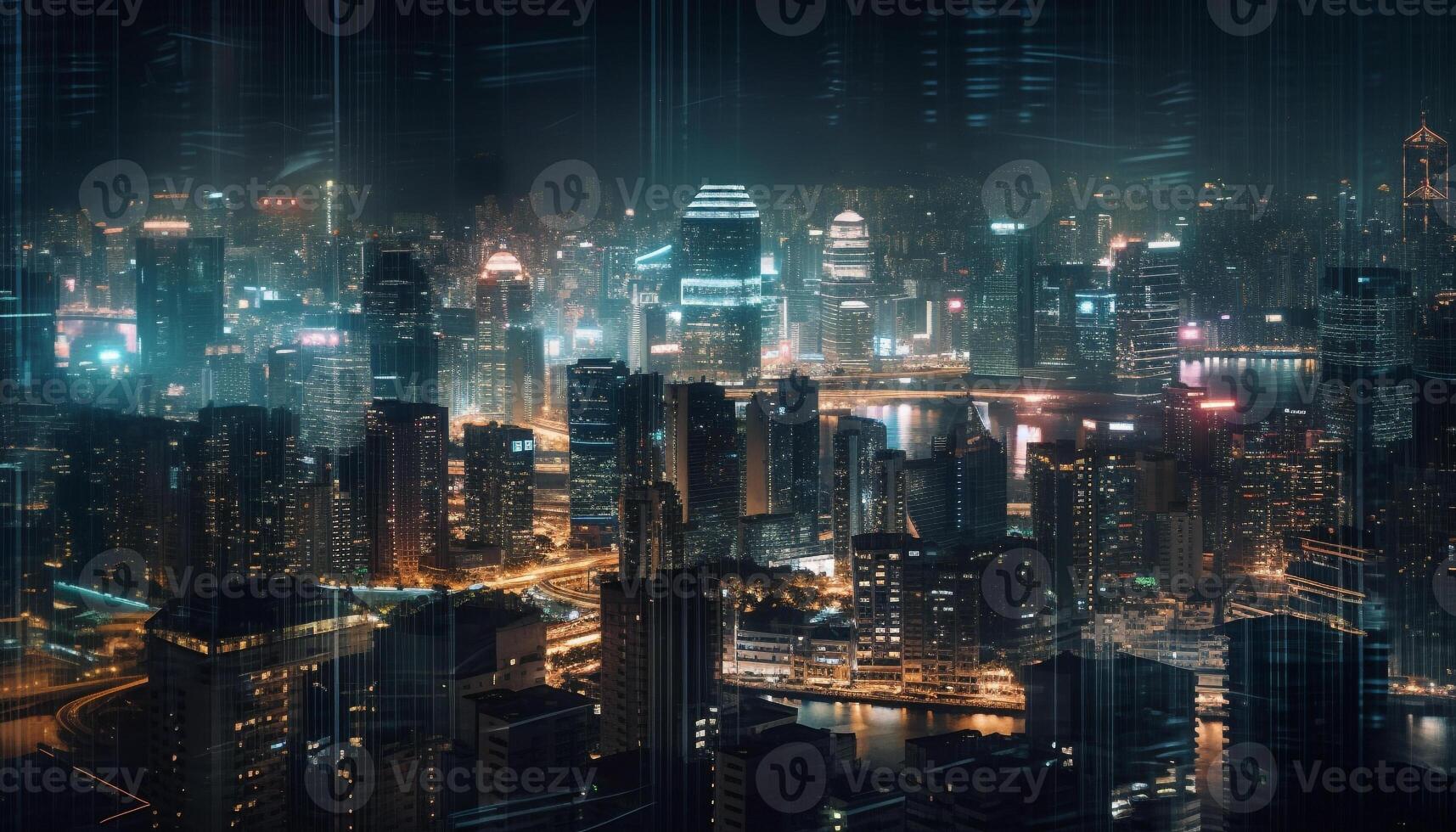 Glowing city skyscrapers illuminate the dark night generated by AI photo