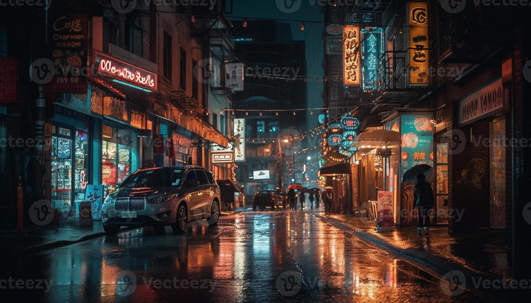 Busy pedestrians walking on wet city streets generated by AI photo