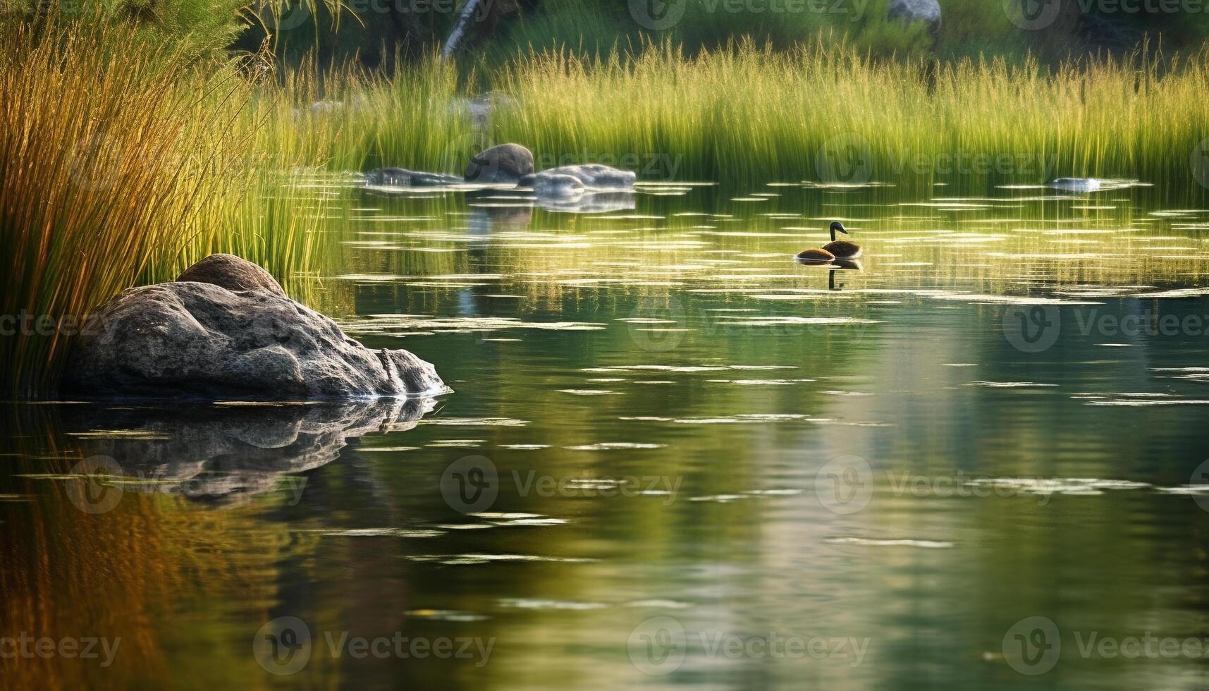 Mallard duck swims peacefully in forest pond generated by AI photo