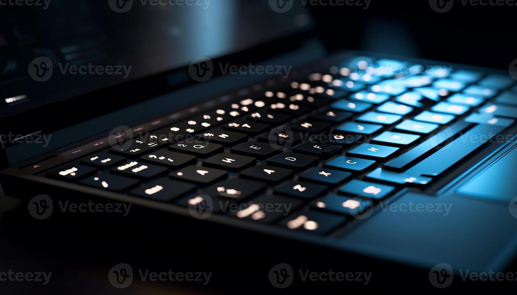 Abstract modern laptop illuminated on dark background generated by AI photo