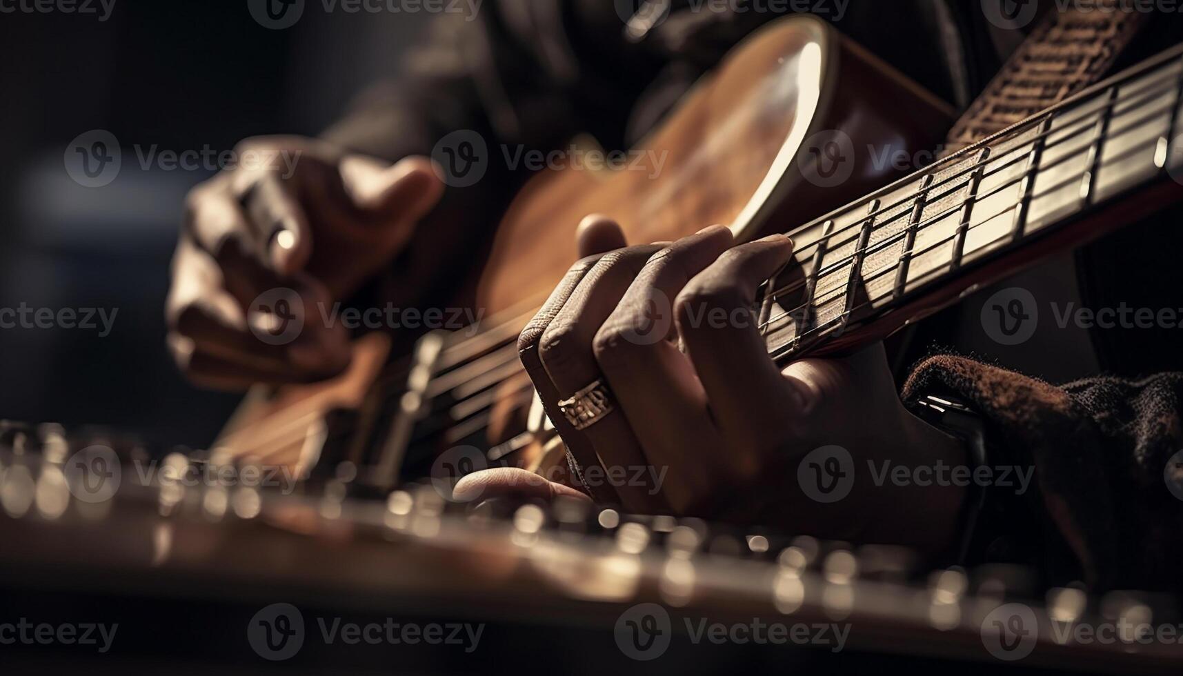 Focused guitarist plucks chords with skill indoors generated by AI photo