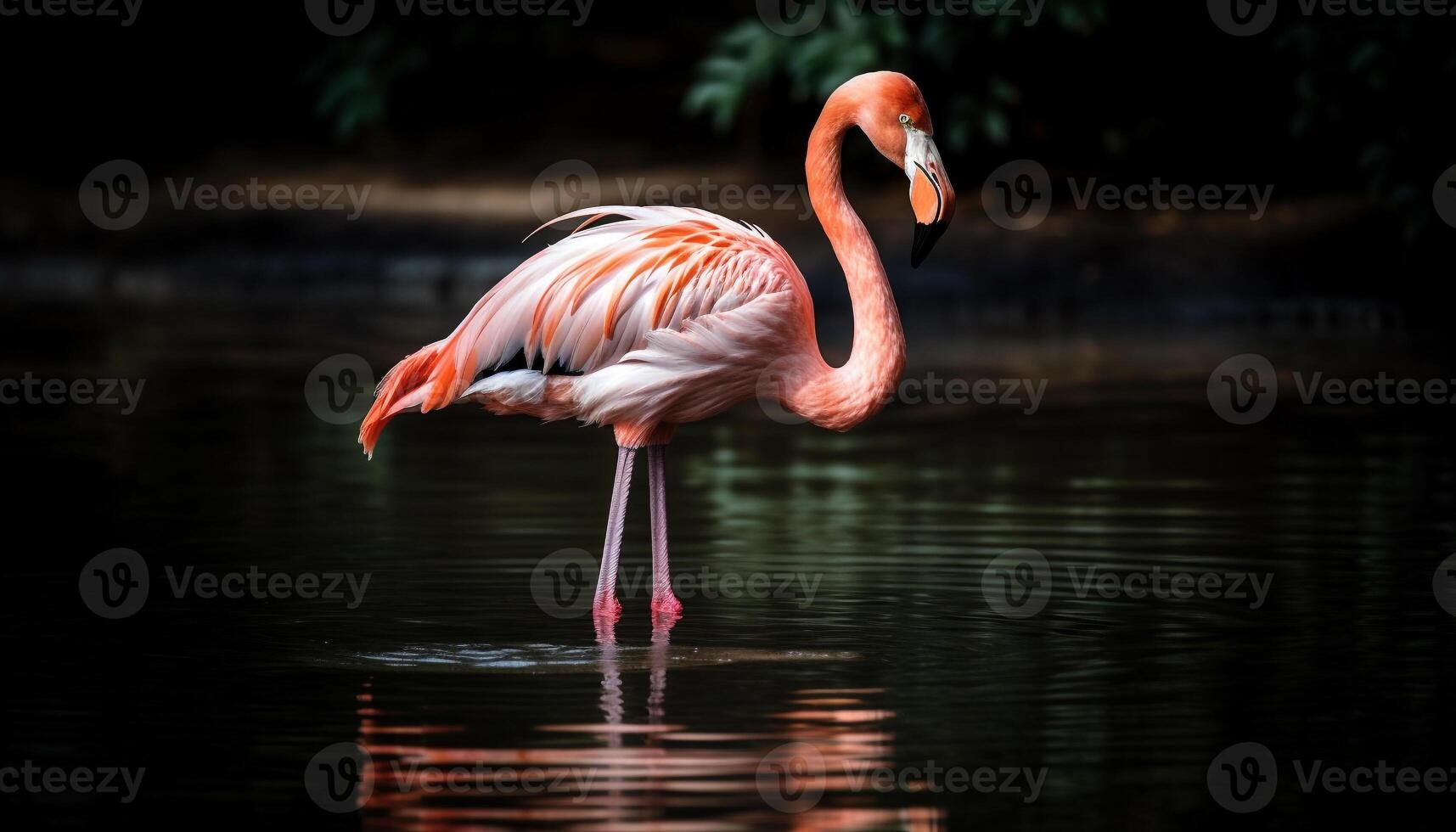 Elegant American Flamingo wading in pink water generated by AI photo