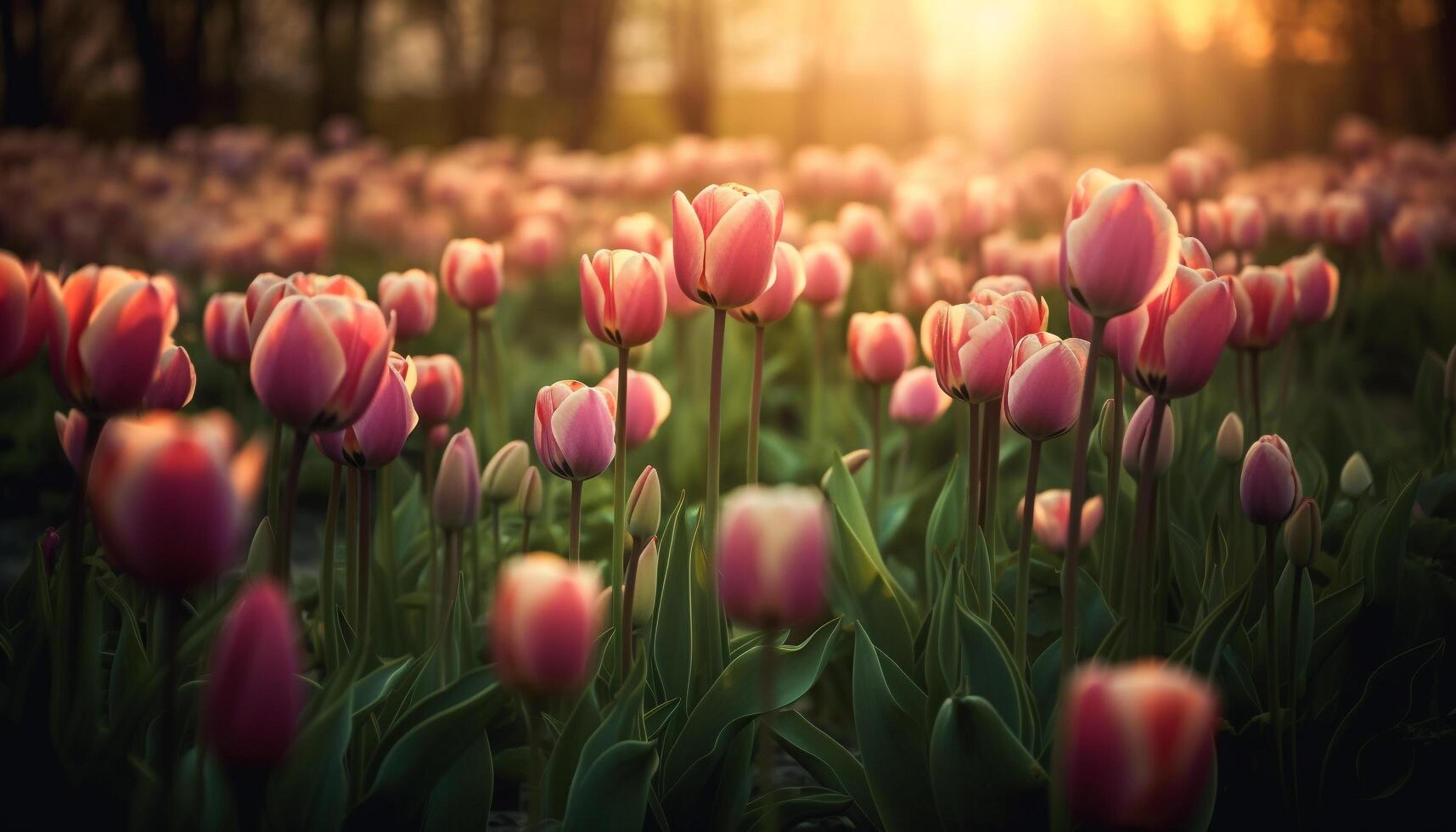 Vibrant tulips in meadow showcase spring beauty generated by AI photo