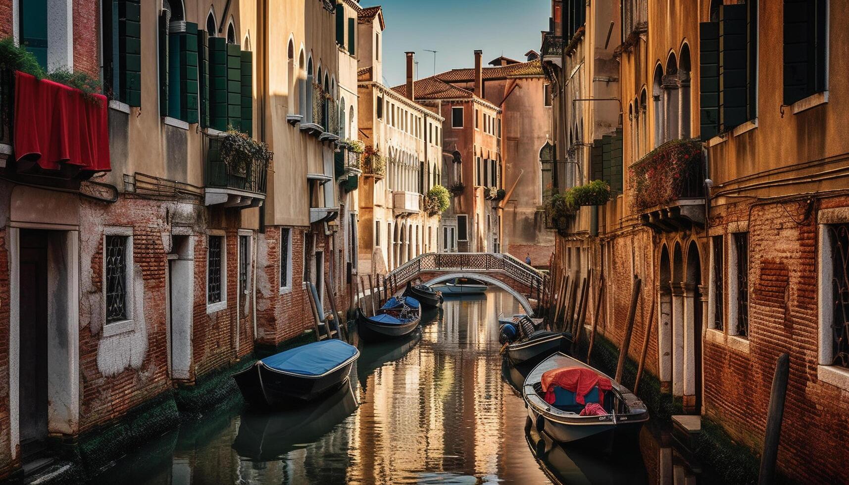 Venice canal reflects tranquil dusk journey romance generated by AI photo