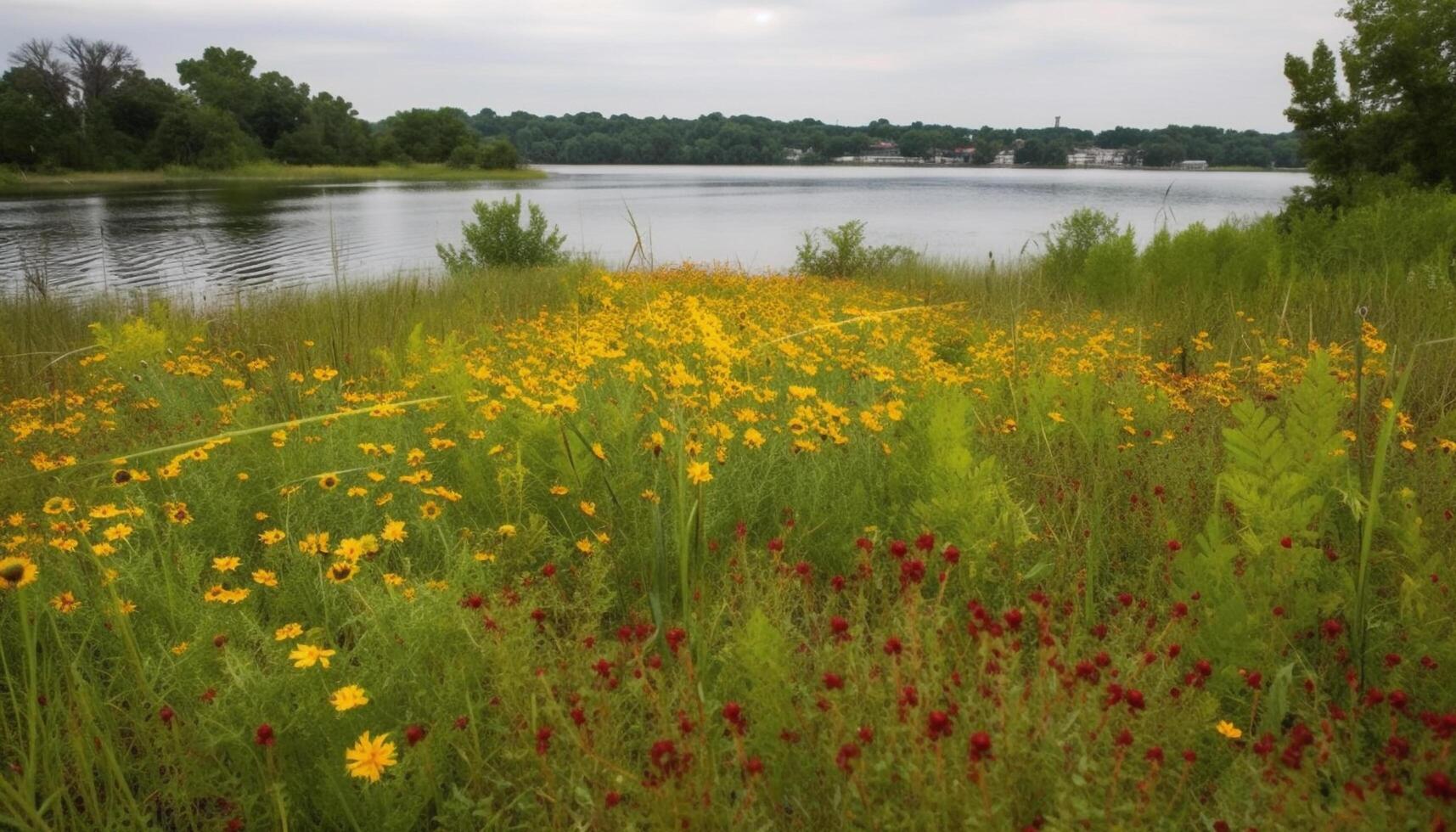 Vibrant wildflowers bloom in tranquil rural meadow generated by AI photo