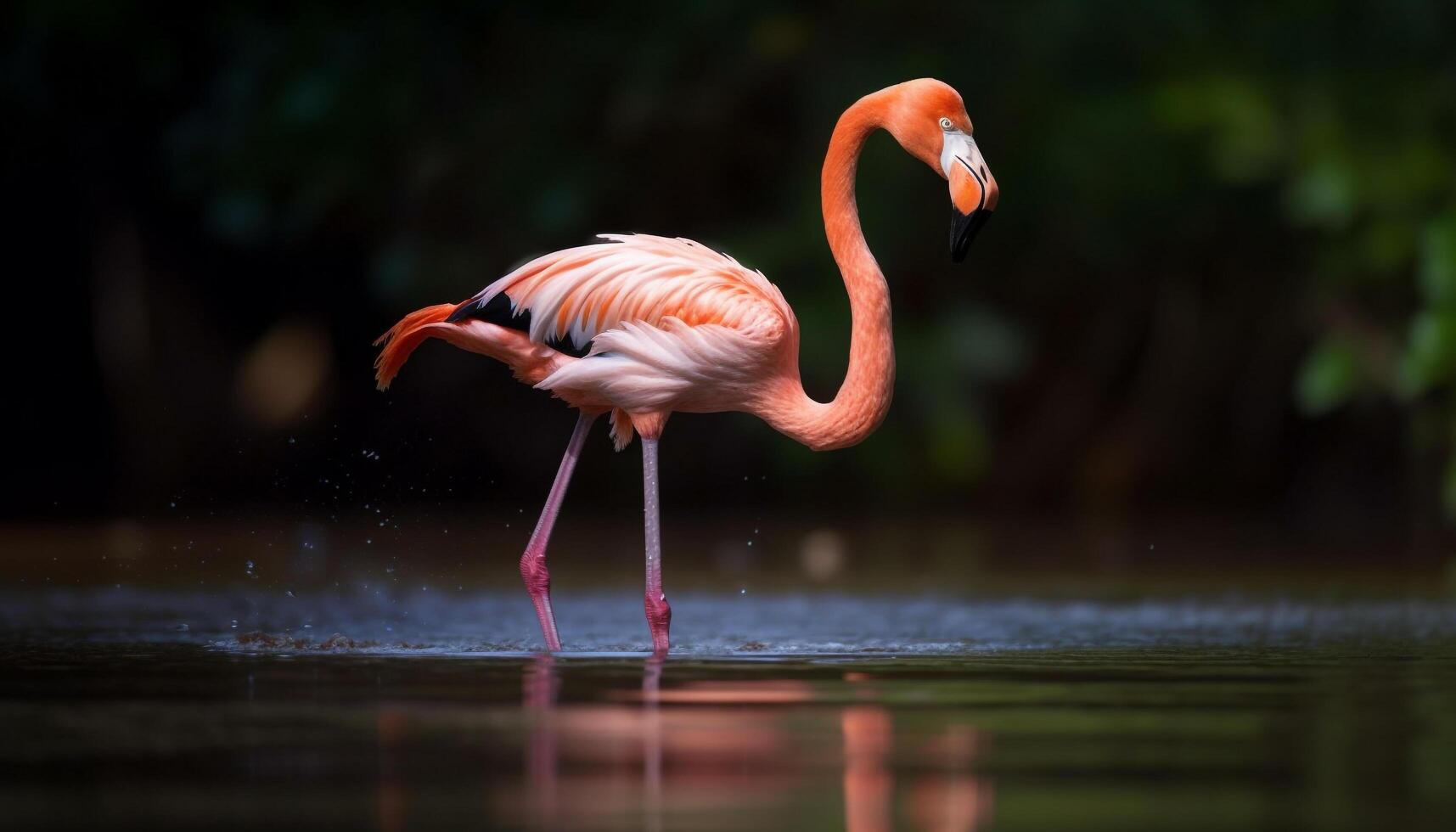 Pink elegance wading in tranquil water reflection generated by AI photo