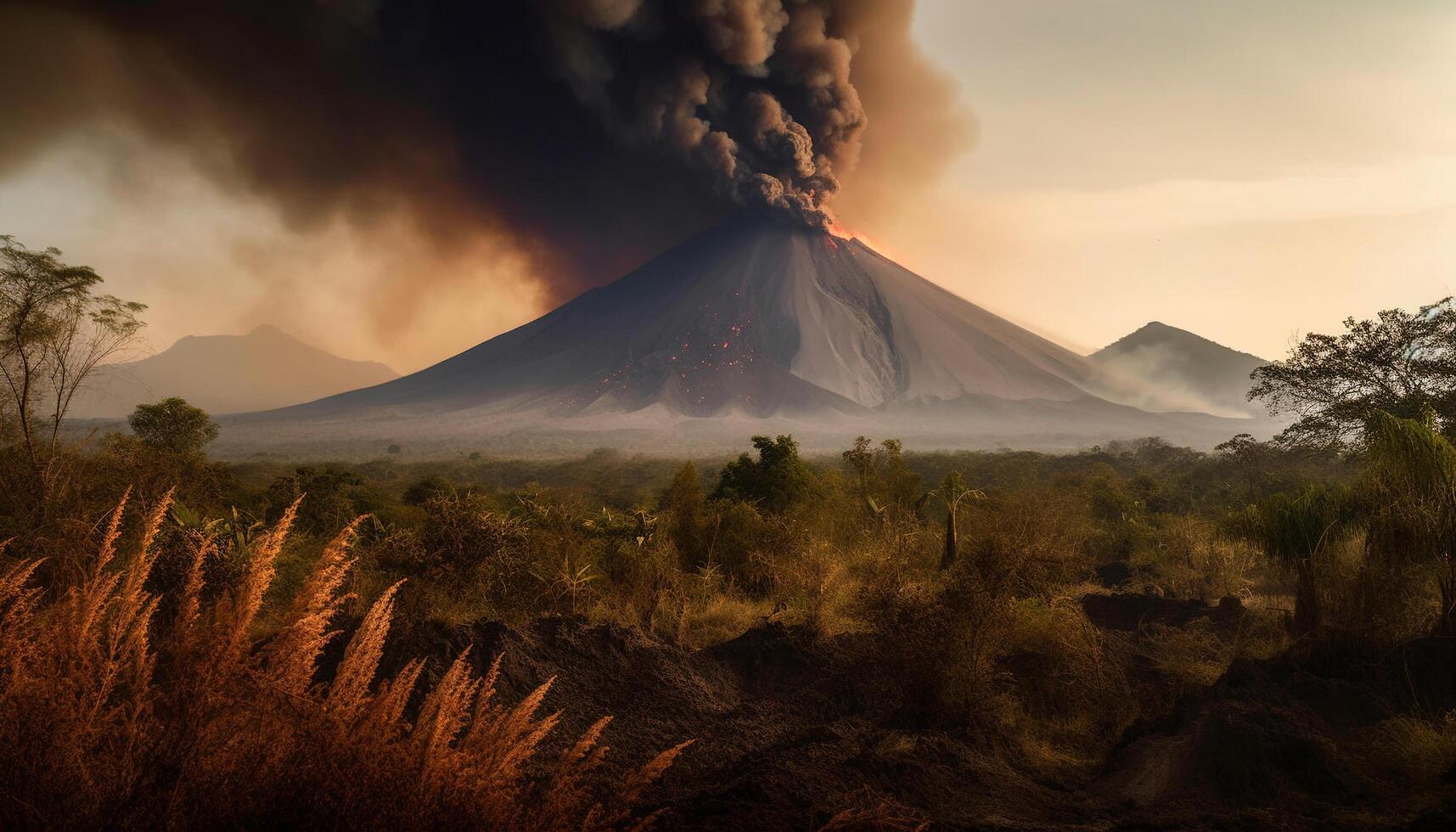 Mountain peak erupting with smoke and ash generated by AI photo