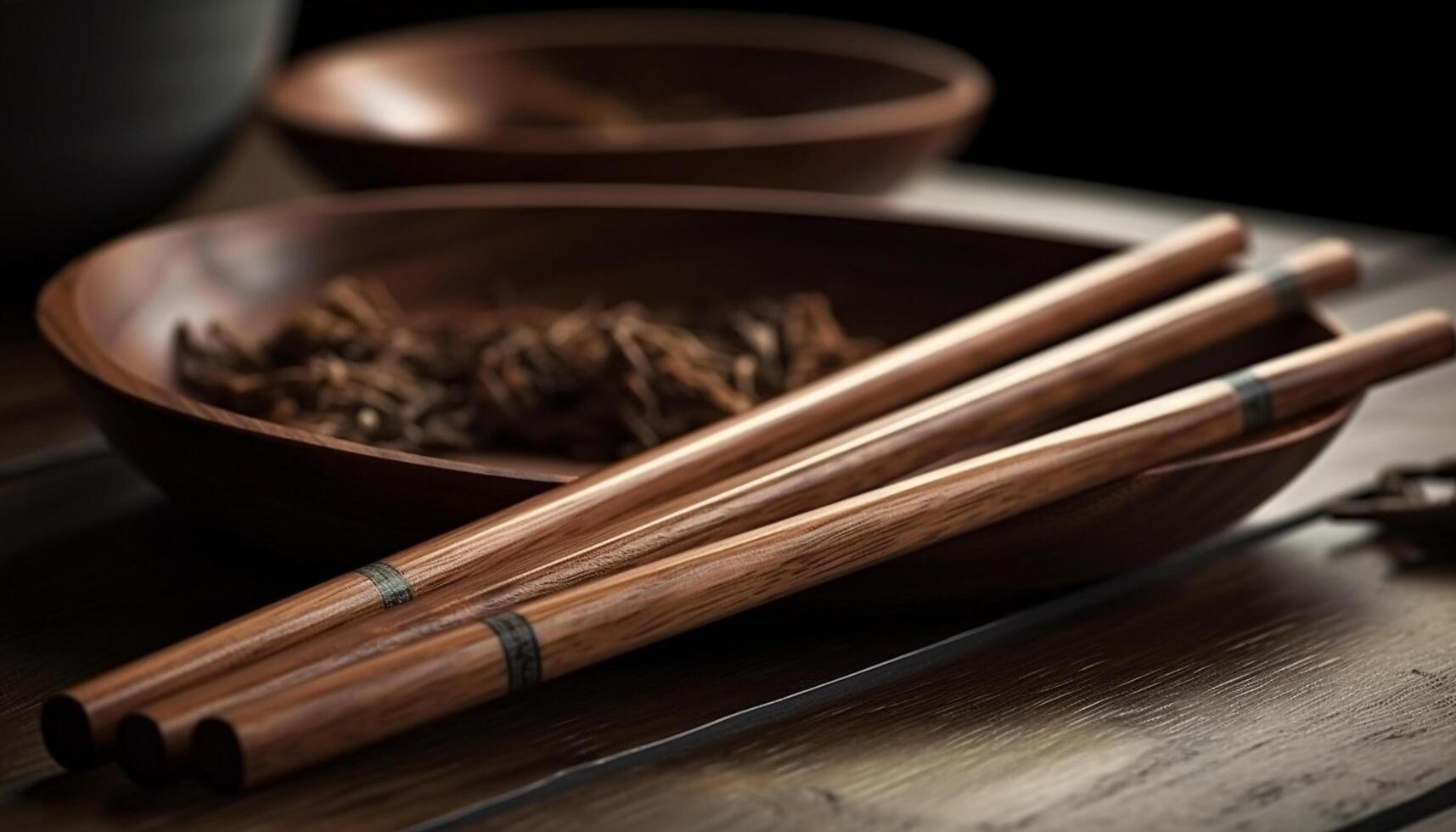 Bowl of healthy, organic Japanese food with chopsticks generated by AI photo