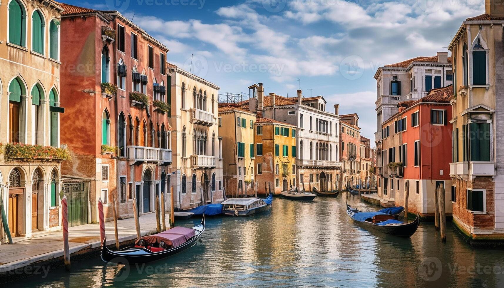 Venetian canal reflects vibrant architecture at dusk generated by AI photo