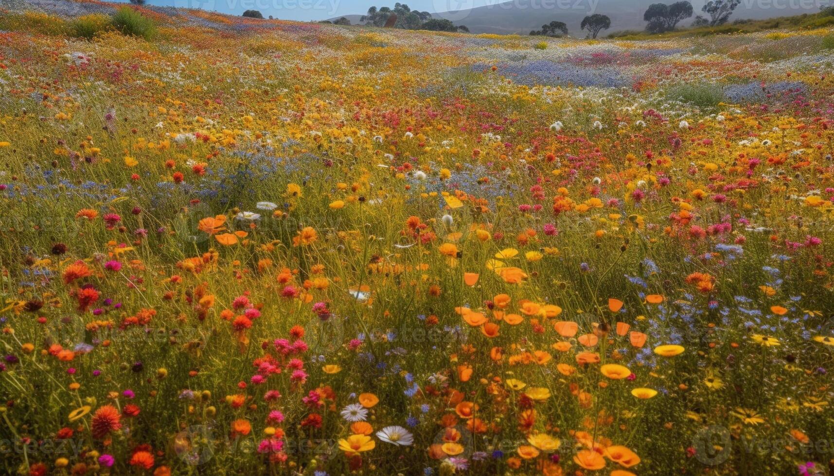 Vibrant wildflowers bloom in tranquil meadow scene generated by AI photo