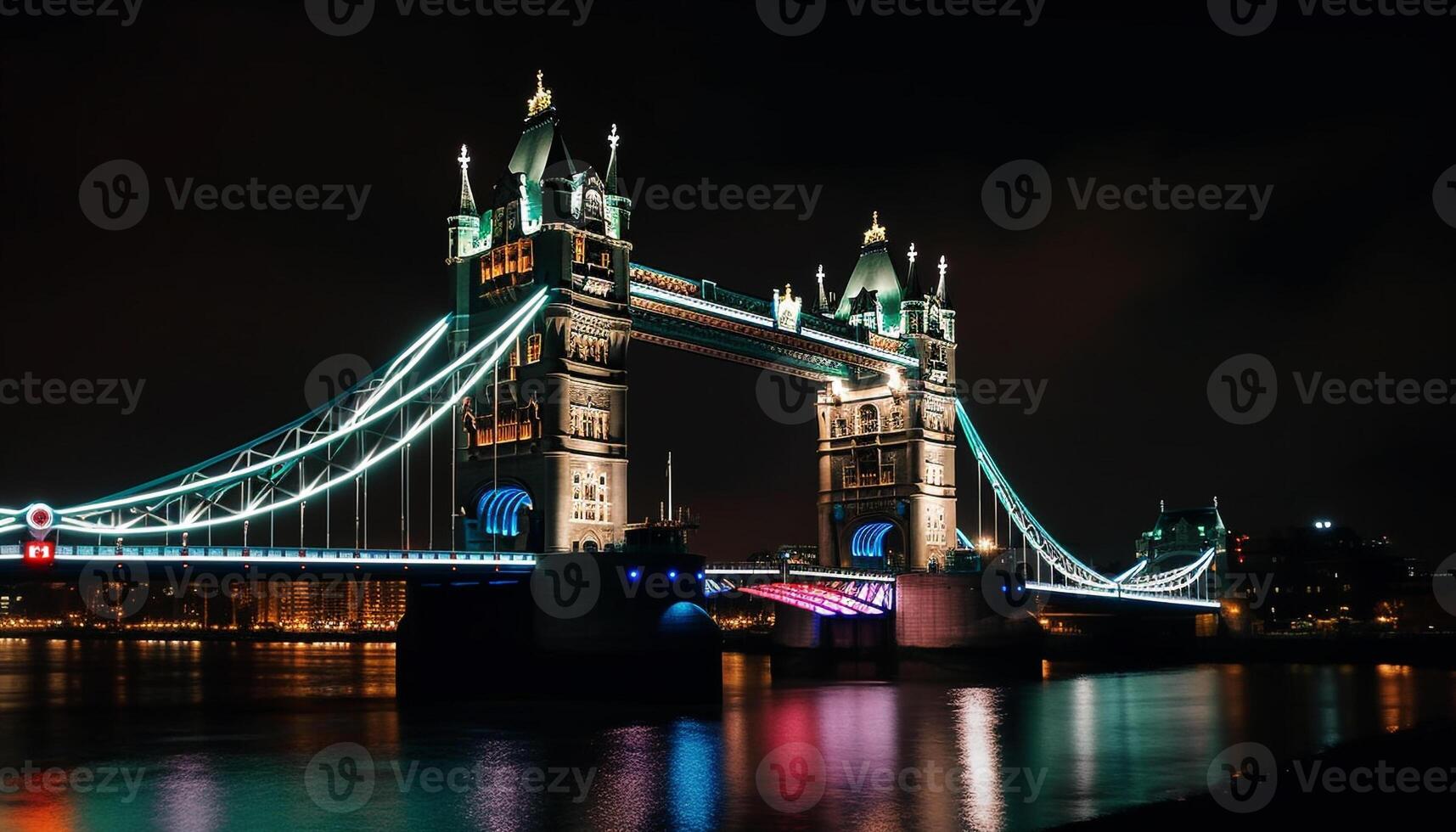 iluminado punto de referencia refleja en agua, majestuoso hombre hecho estructura generado por ai foto