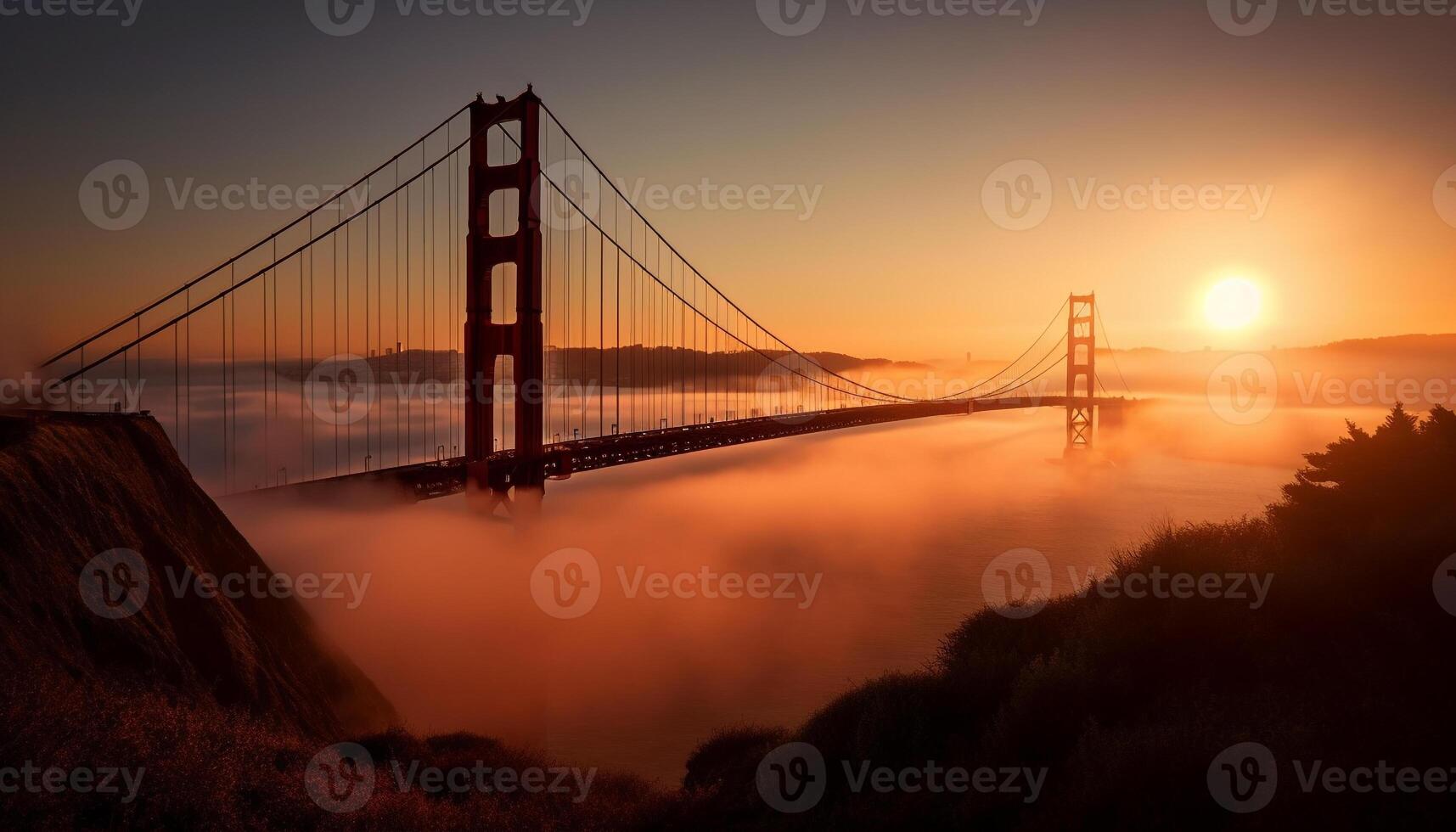 Golden suspension bridge vanishes into foggy dusk generated by AI photo