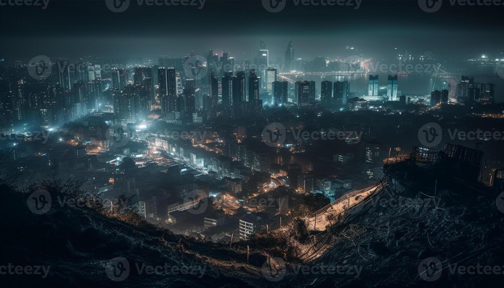 Glowing skyscrapers illuminate city skyline at night generated by AI photo