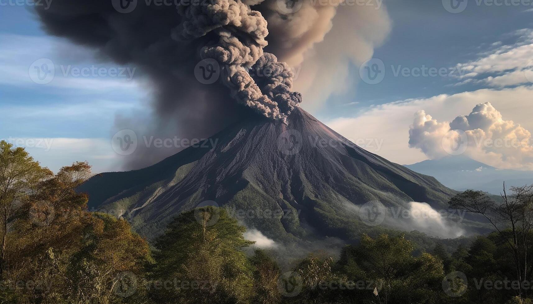 Erupting volcano leaves trail of destruction and ash generated by AI photo
