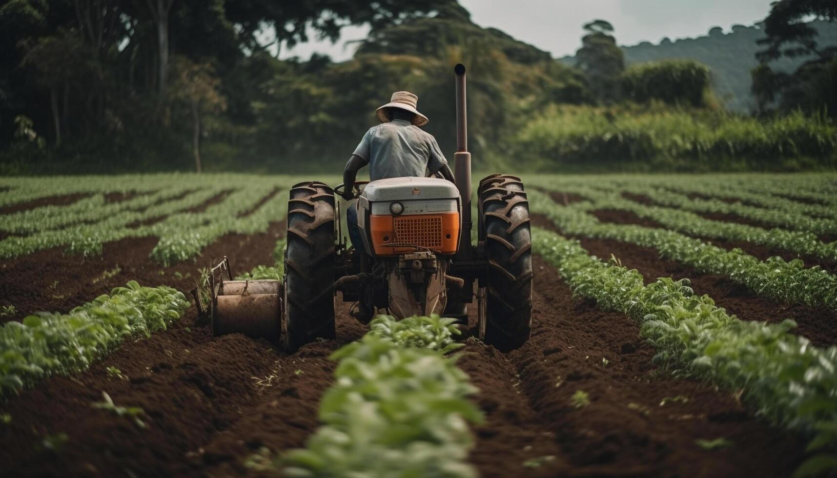 Farm worker driving tractor spraying green meadow generated by AI photo