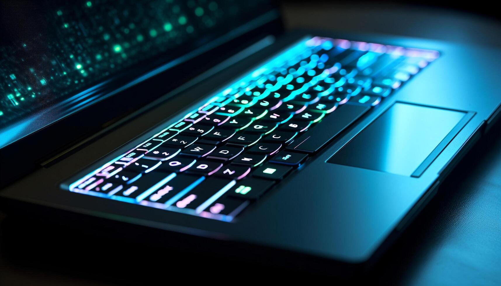 Glowing laptop communicates globally on digital display generated by AI photo