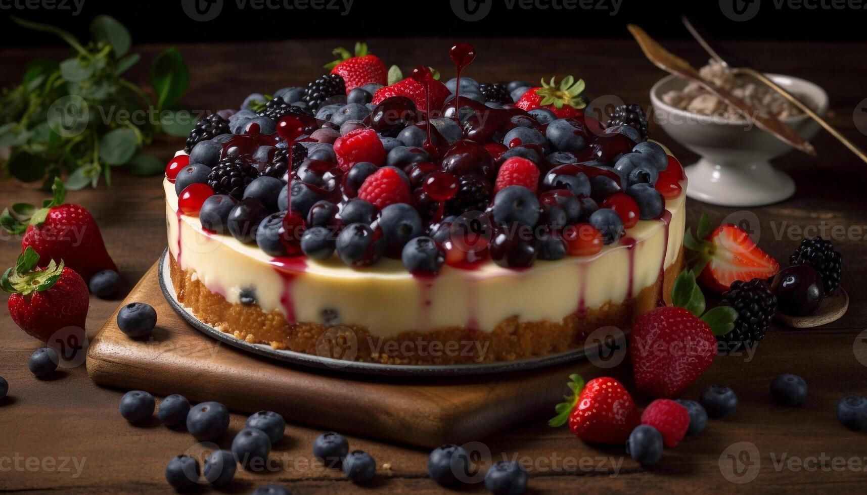 azotado crema en baya tarta de queso rebanada refresco generado por ai foto