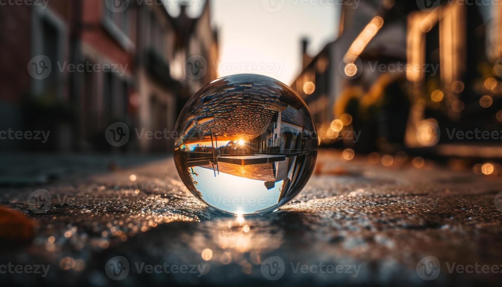 Illuminated cityscape reflects in wet glass sphere generated by AI photo