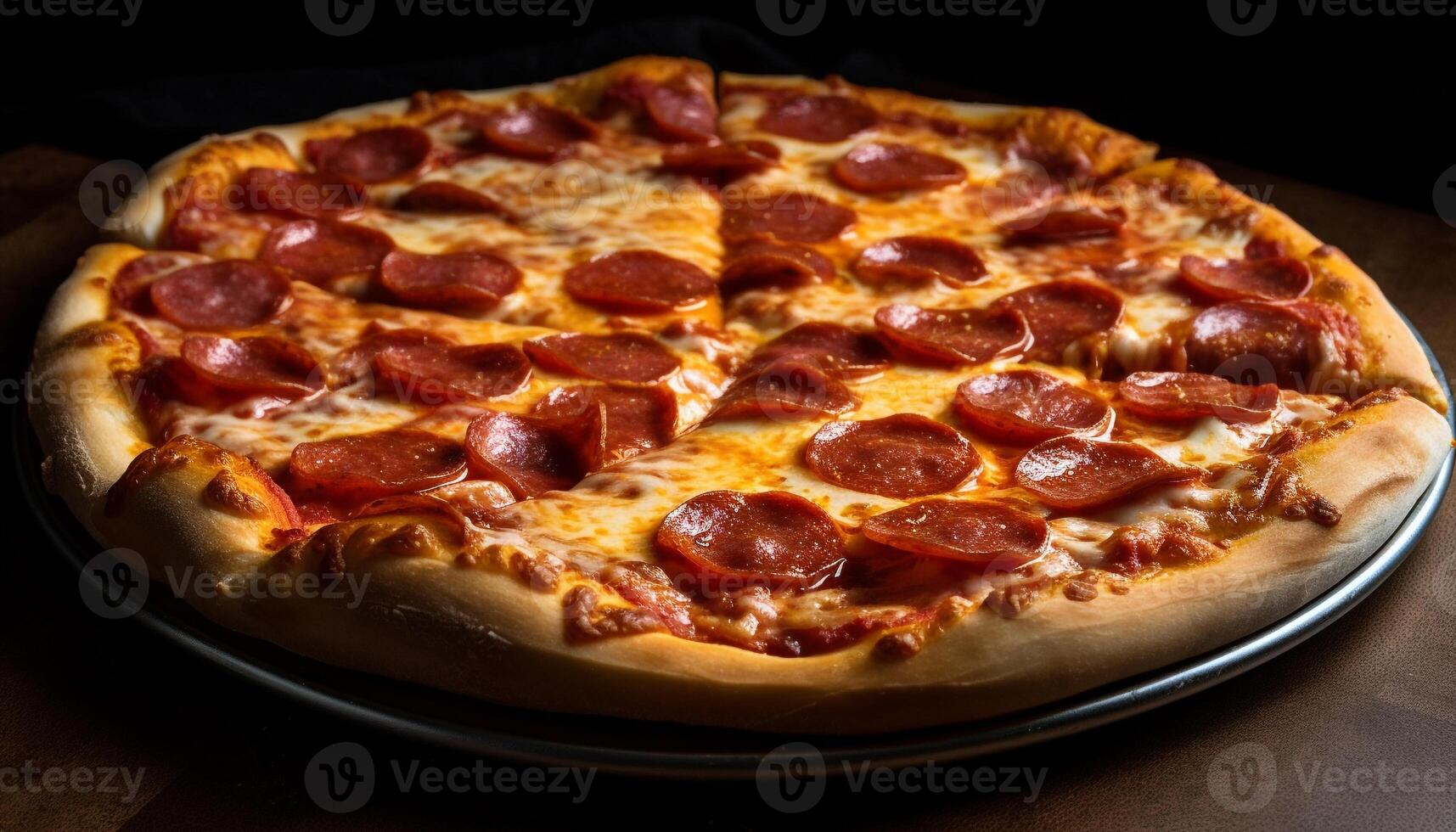 Freshly baked pizza on rustic wooden table generated by AI photo