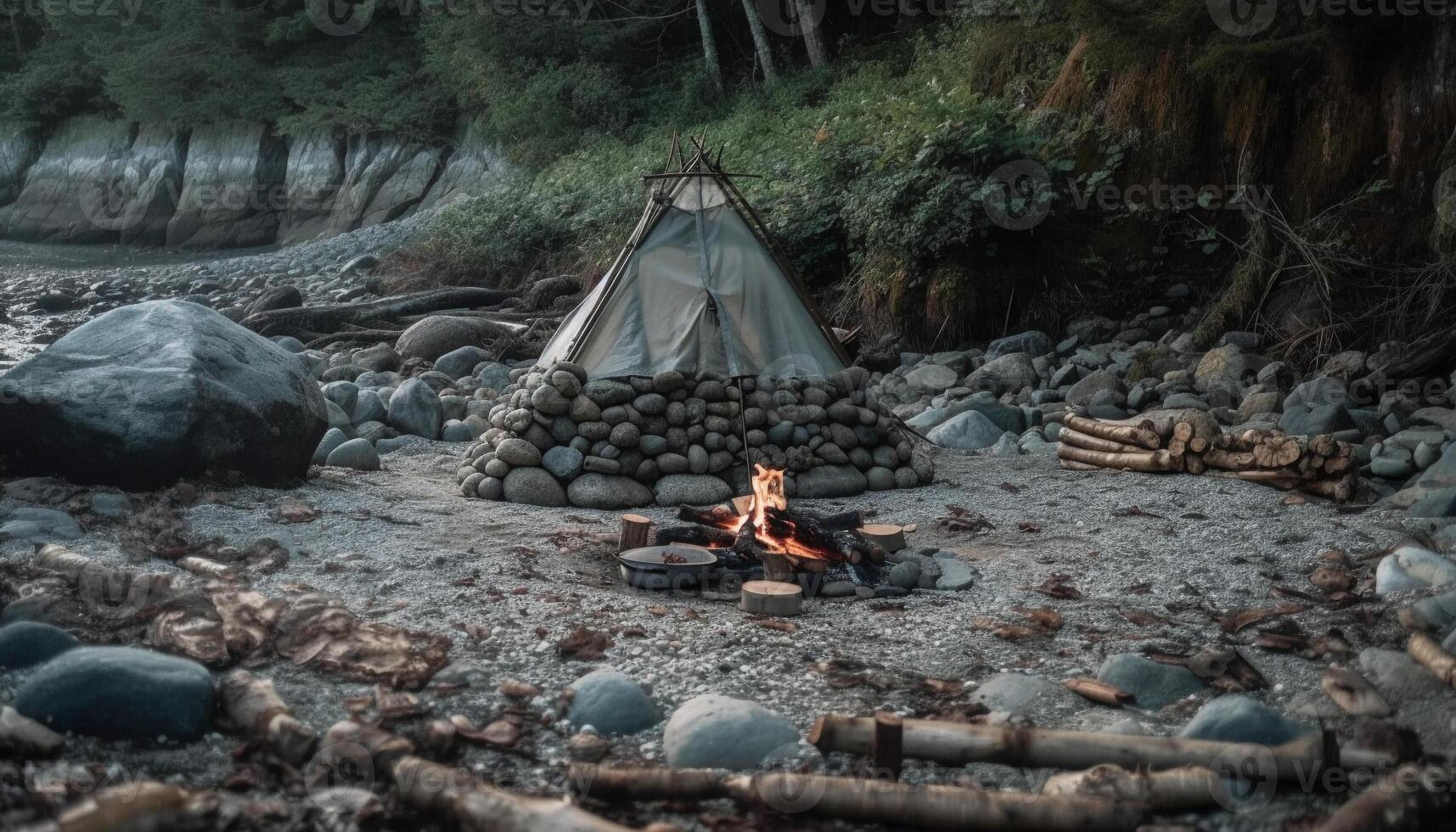 Campfire burning bright, roasting marshmallows in autumn generated by AI photo