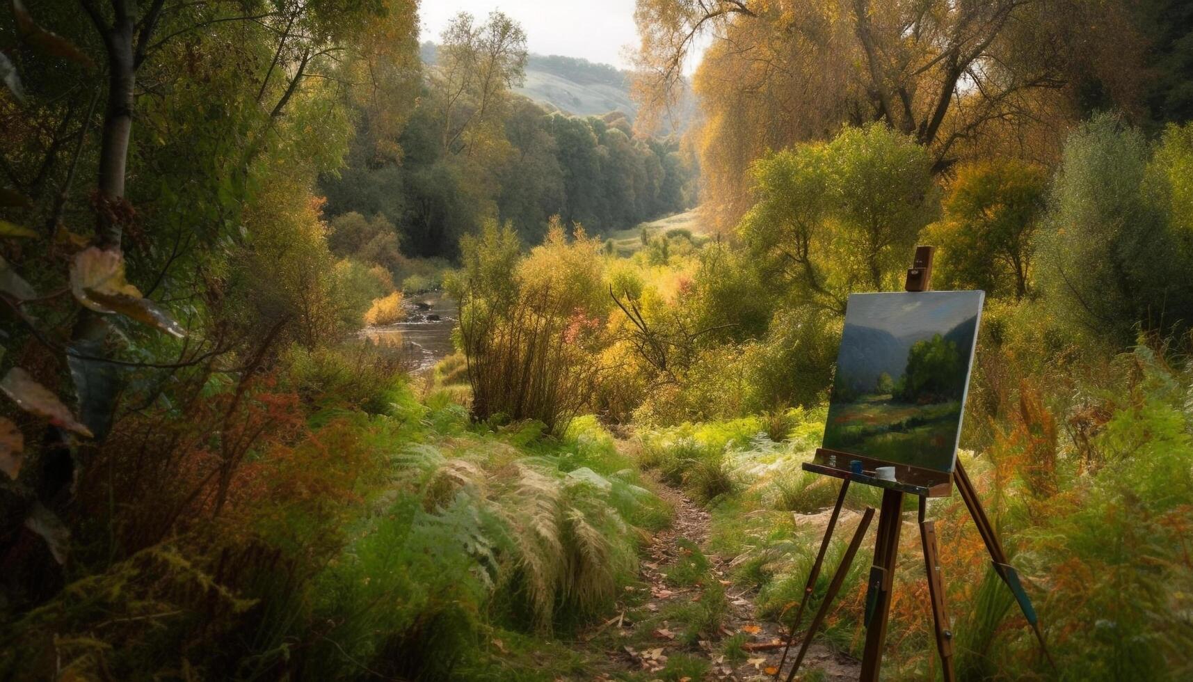 artistas trabajando en otoño paisaje con vibrante colores generado por ai foto