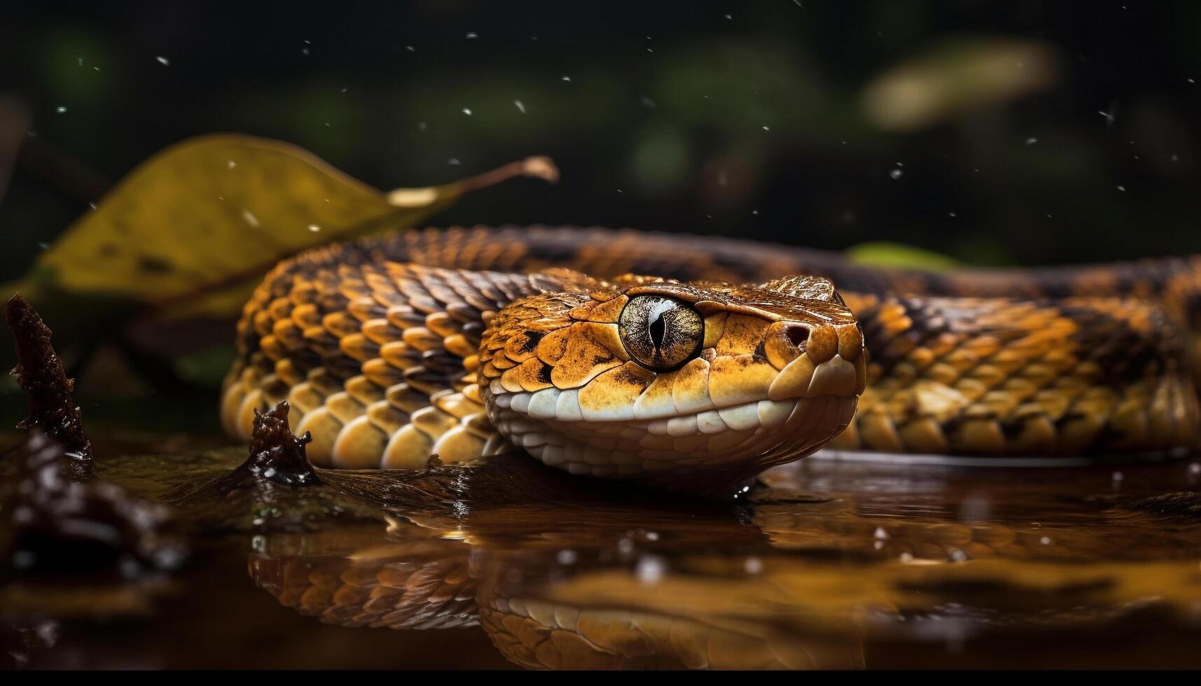 Yellow viper tongue flicks near reflective pond generated by AI photo